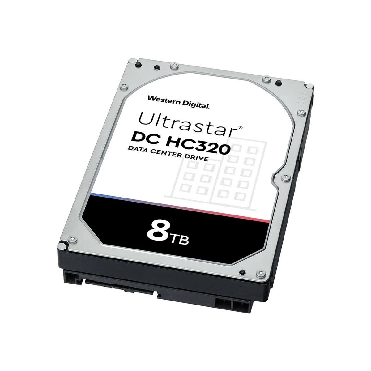 Een harde schijf met de tekst 'Ultrastar DC HC320 8TB' op het label. De schijf is zilver en zwart.