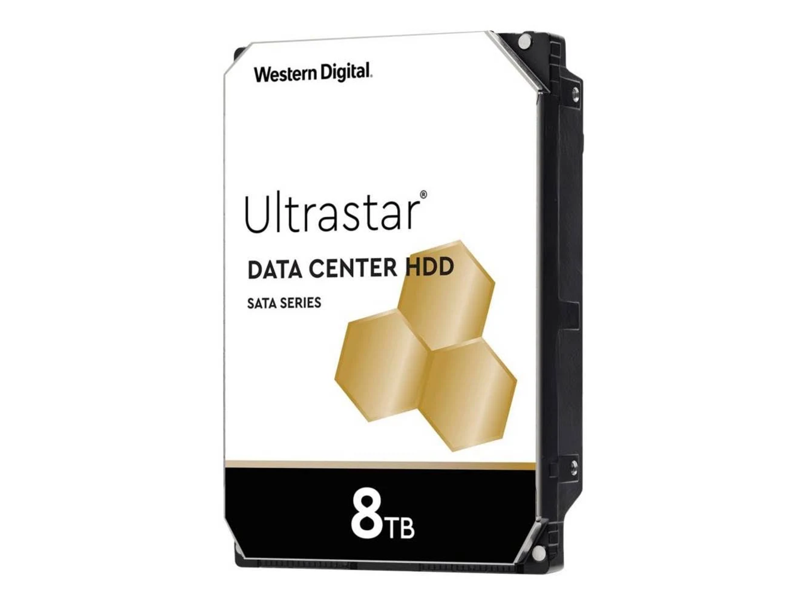 Western Digital 8TB harde schijf. Wit label met zwarte behuizing. Zeshoekig ontwerp op het label.
