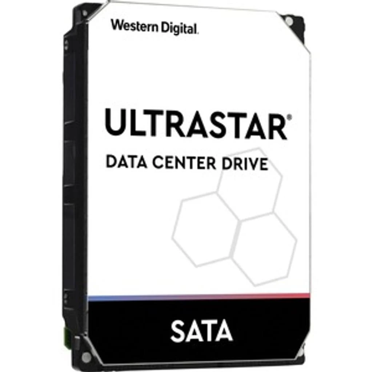 Een harde schijf met een wit label. Het label zegt ULTRASTAR DATA CENTER DRIVE en SATA.