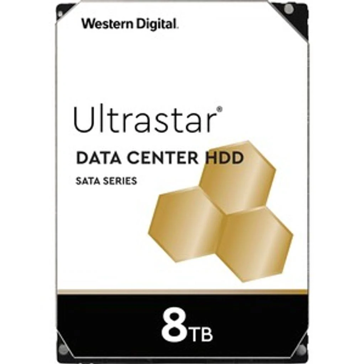 Een Western Digital Ultrastar Data Center HDD, witte achtergrond, met 8 TB capaciteit en SATA-serie.