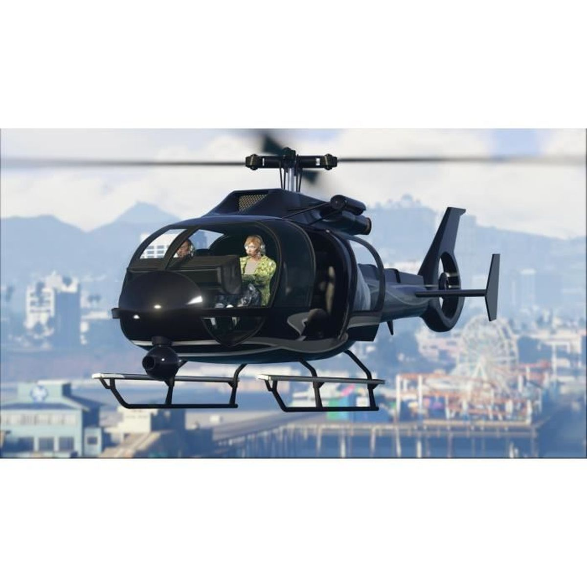 Czarny helikopter lecący na niebie, widoczny z lekkiego kąta.