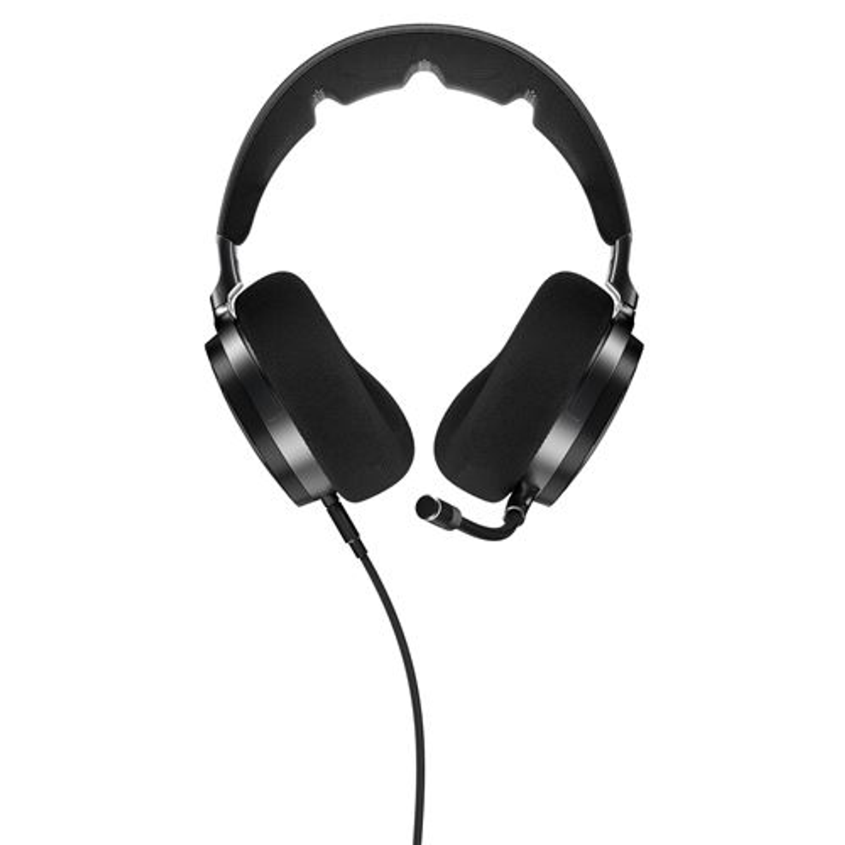 Cuffie da gioco nere con microfono, su sfondo bianco.