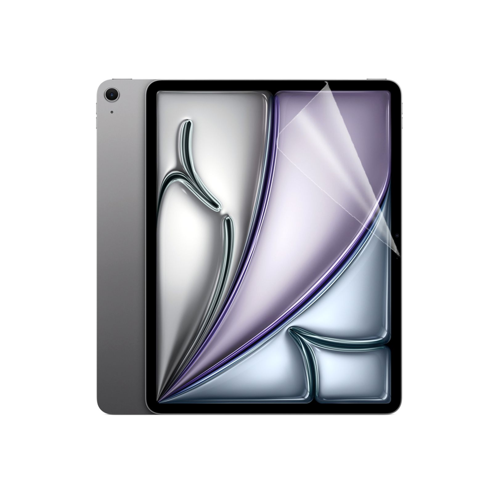 Tablet grigio con protezione schermo, mostra design astratto colorato.