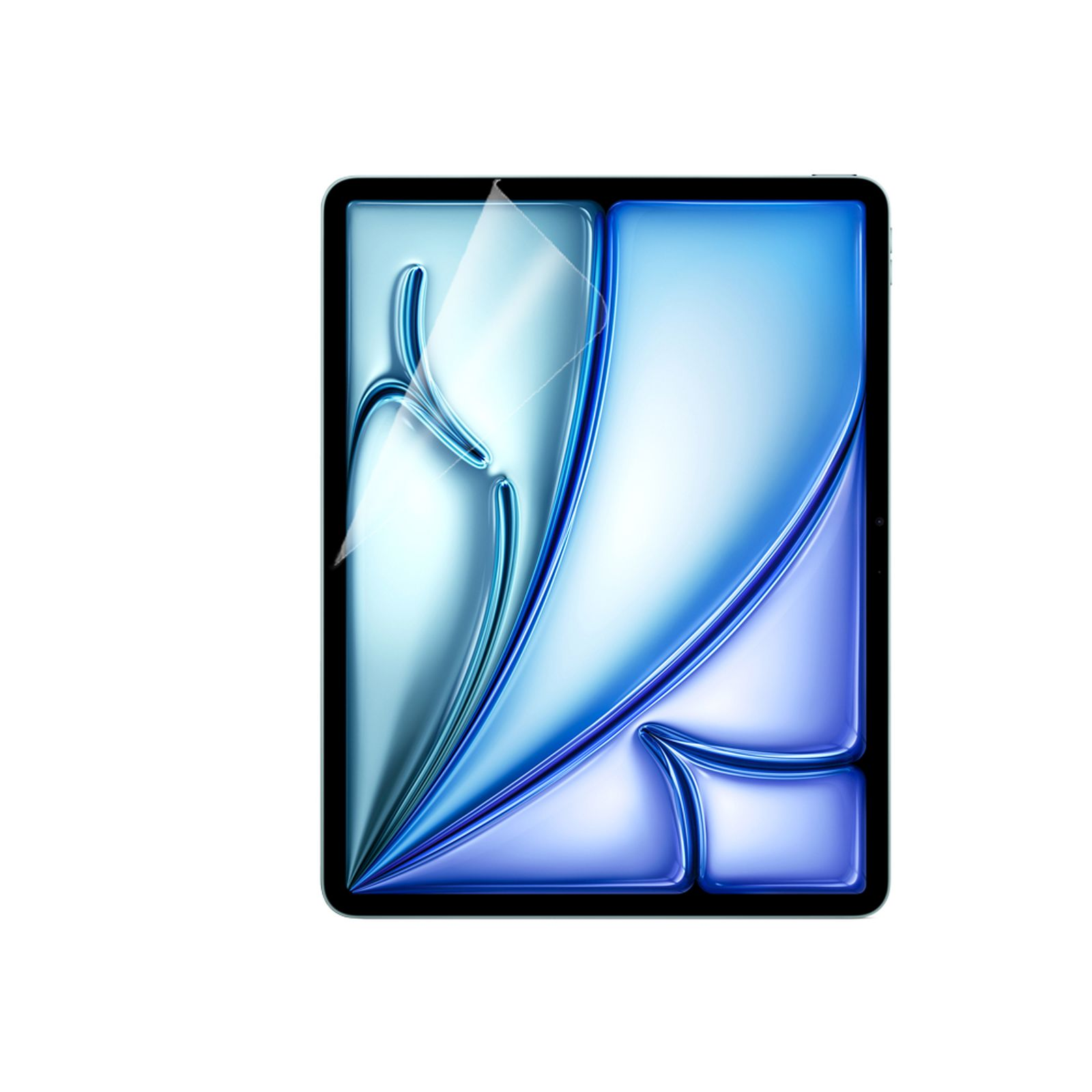 Un tablet con protezione schermo applicata, con colori sfumati blu e verde acqua.