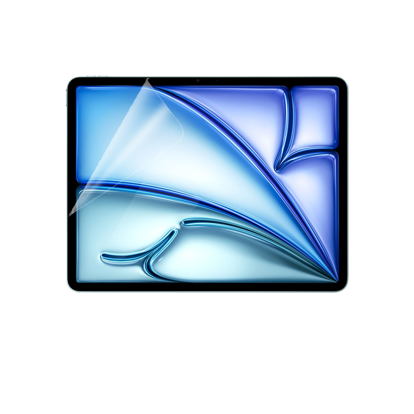 Un tablet con un design astratto blu e bianco sullo schermo, su sfondo bianco.