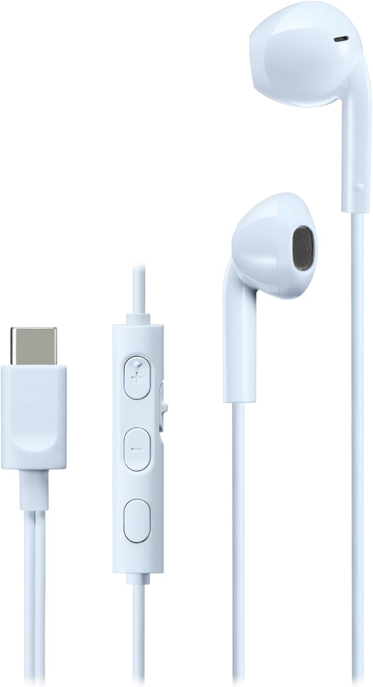 Białe przewodowe słuchawki douszne ze złączem USB-C i modułem sterowania, na białym tle.