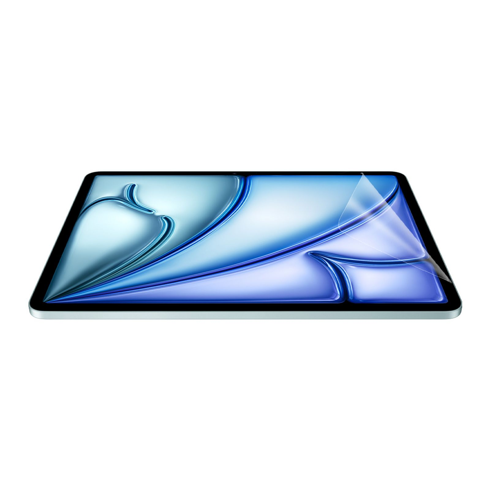 Un tablet con protezione schermo applicata, piatto, che mostra un gradiente blu e verde acqua.