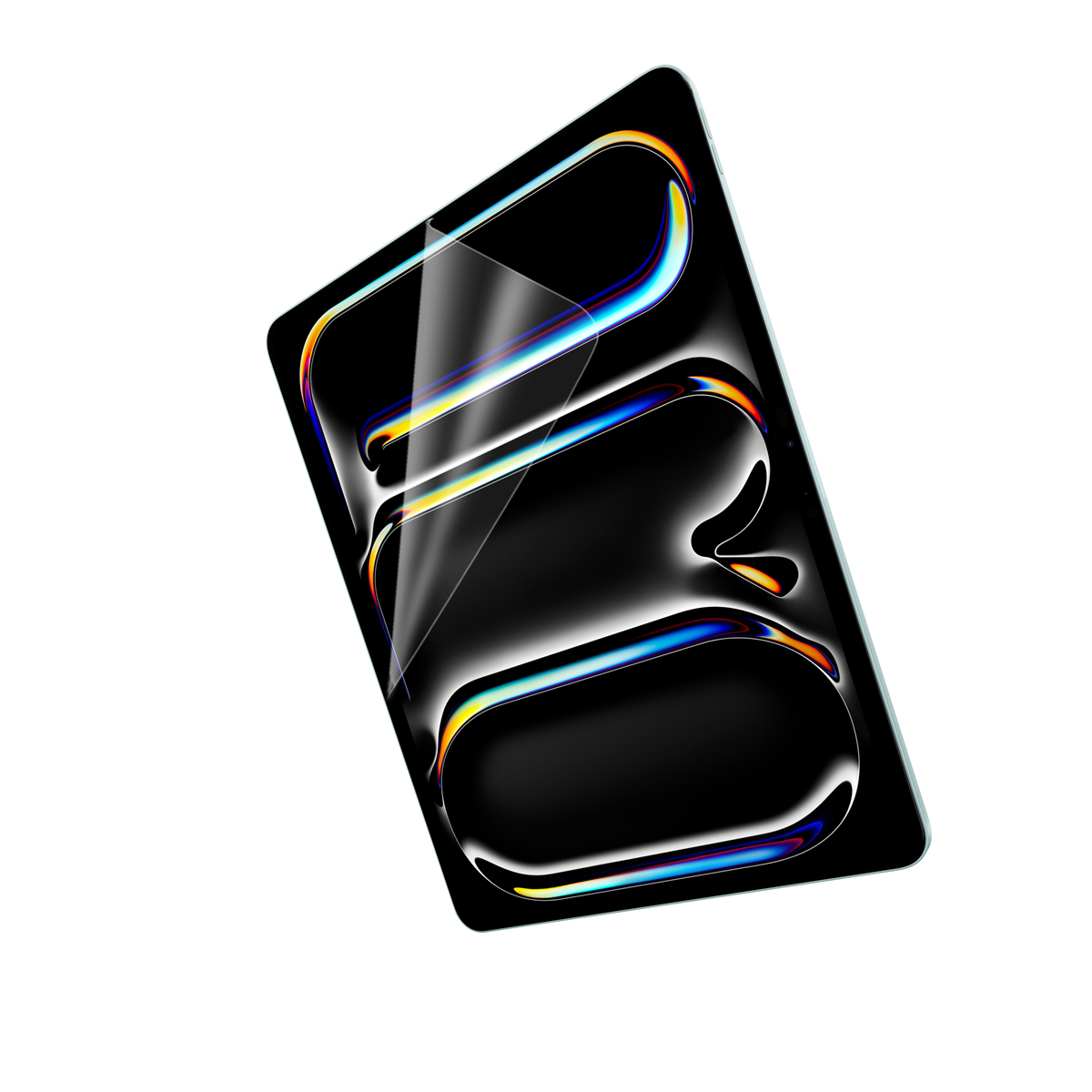 Un tablet in diagonale con protezione schermo, che mostra una grafica nera e colorata.