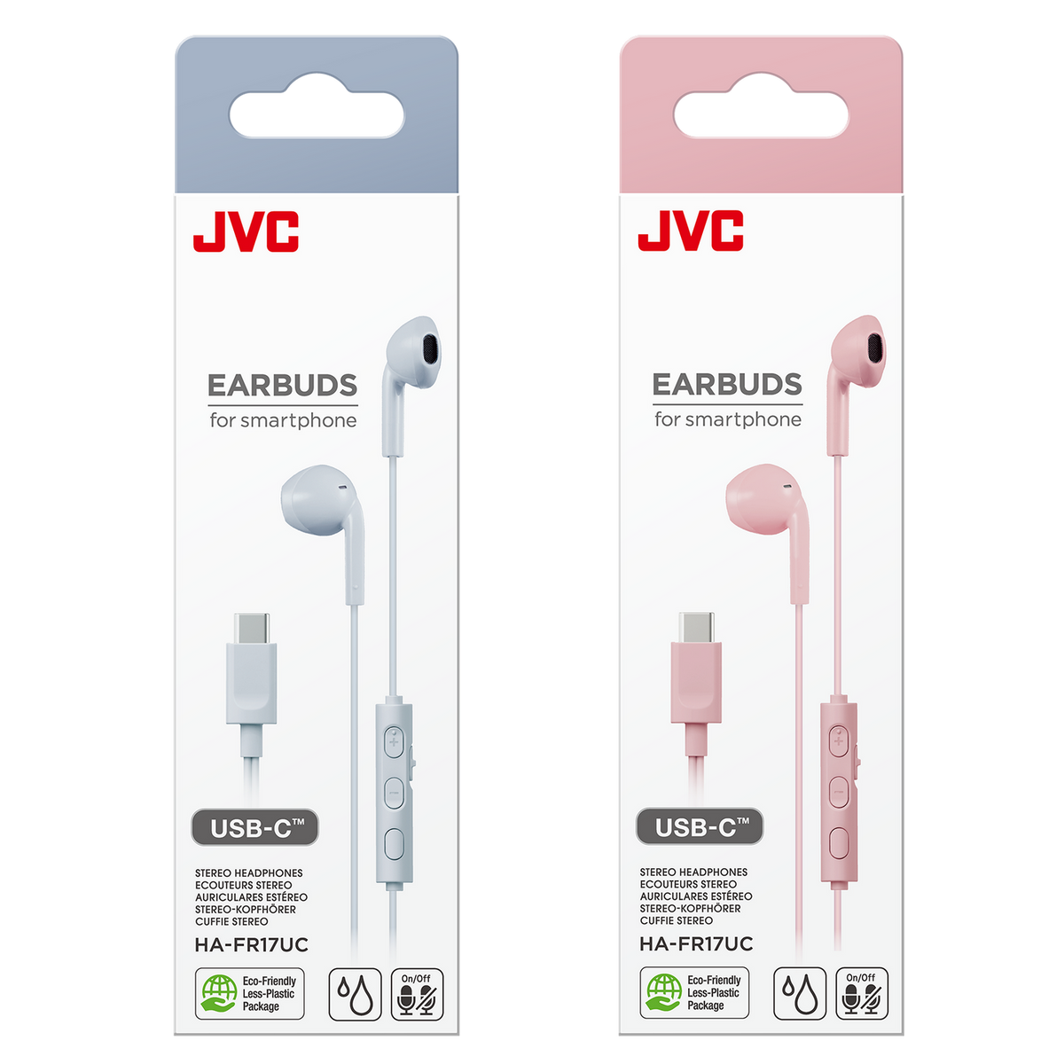 Dwie słuchawki JVC w opakowaniu. Jedna biała, jedna różowa. Połączenie USB-C. Tło jest białe.