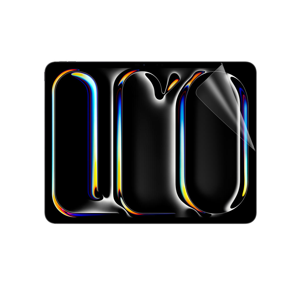 Schermo del tablet con sfondo nero e design astratto colorato.
