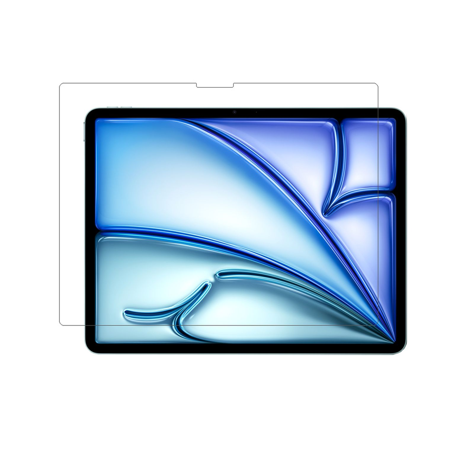 Tablet con protezione schermo, design blu e nero, sfondo bianco.