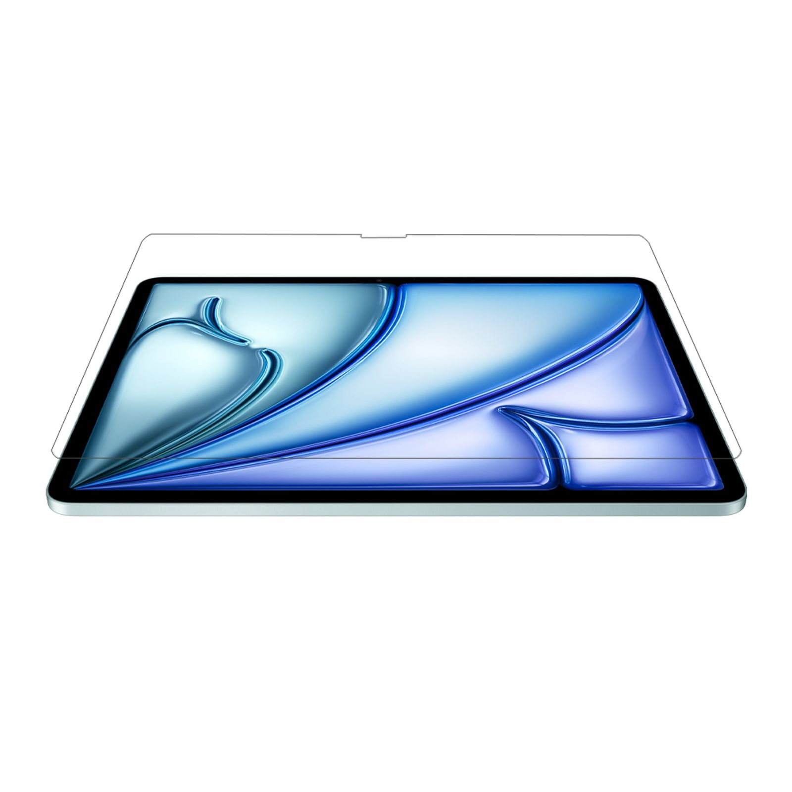 Un tablet, protezione schermo, design blu e sfondo bianco.