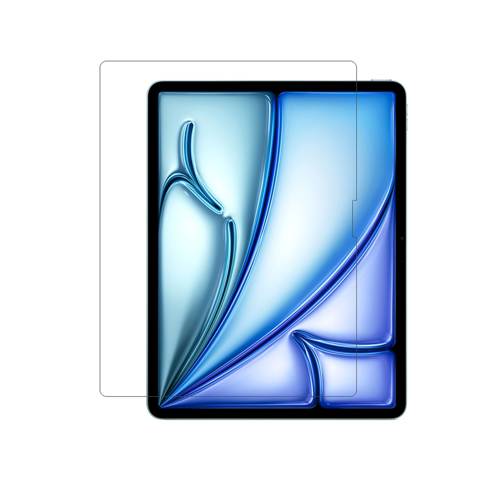 Un tablet con protezione schermo applicata, con colori sfumati blu e verde acqua, su bianco.