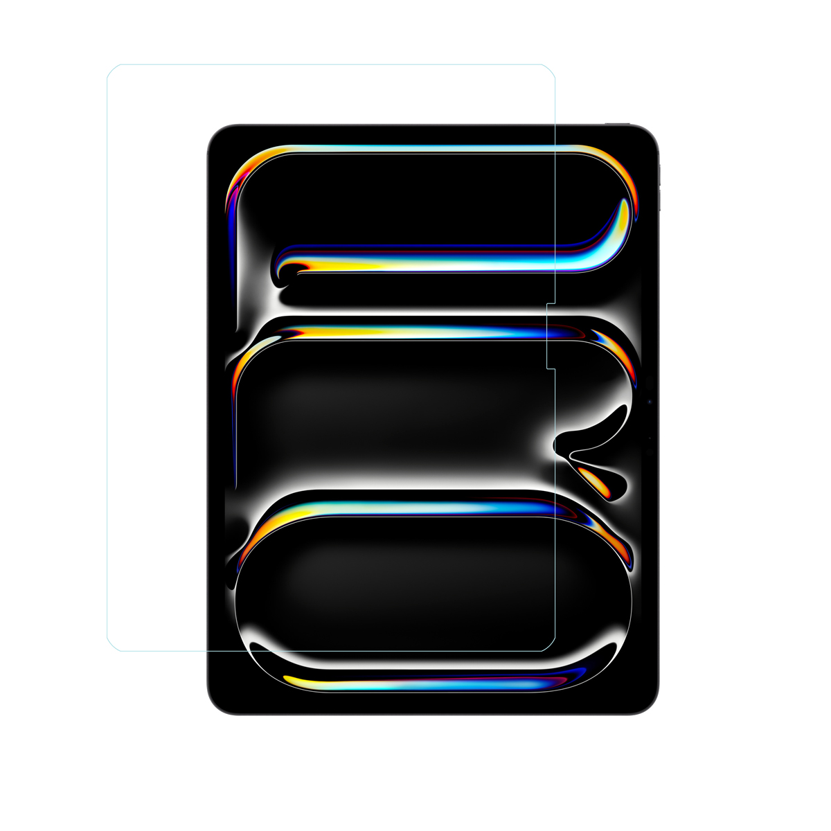Tablet con protezione schermo e schermo nero, design astratto colorato.