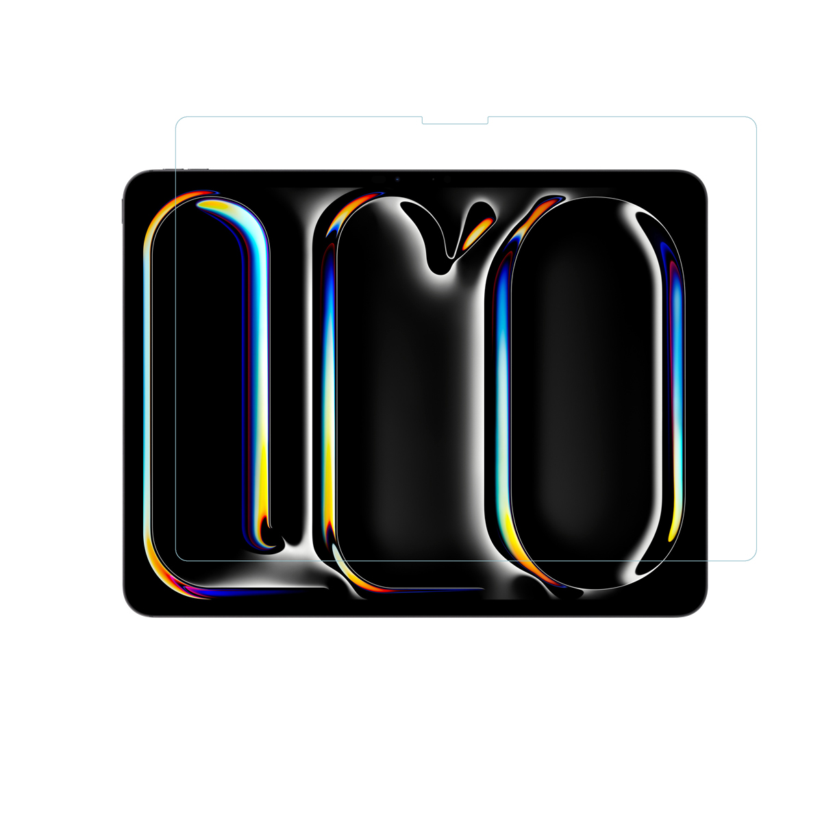 Un tablet con protezione schermo, una grafica nera e colorata, su sfondo bianco.