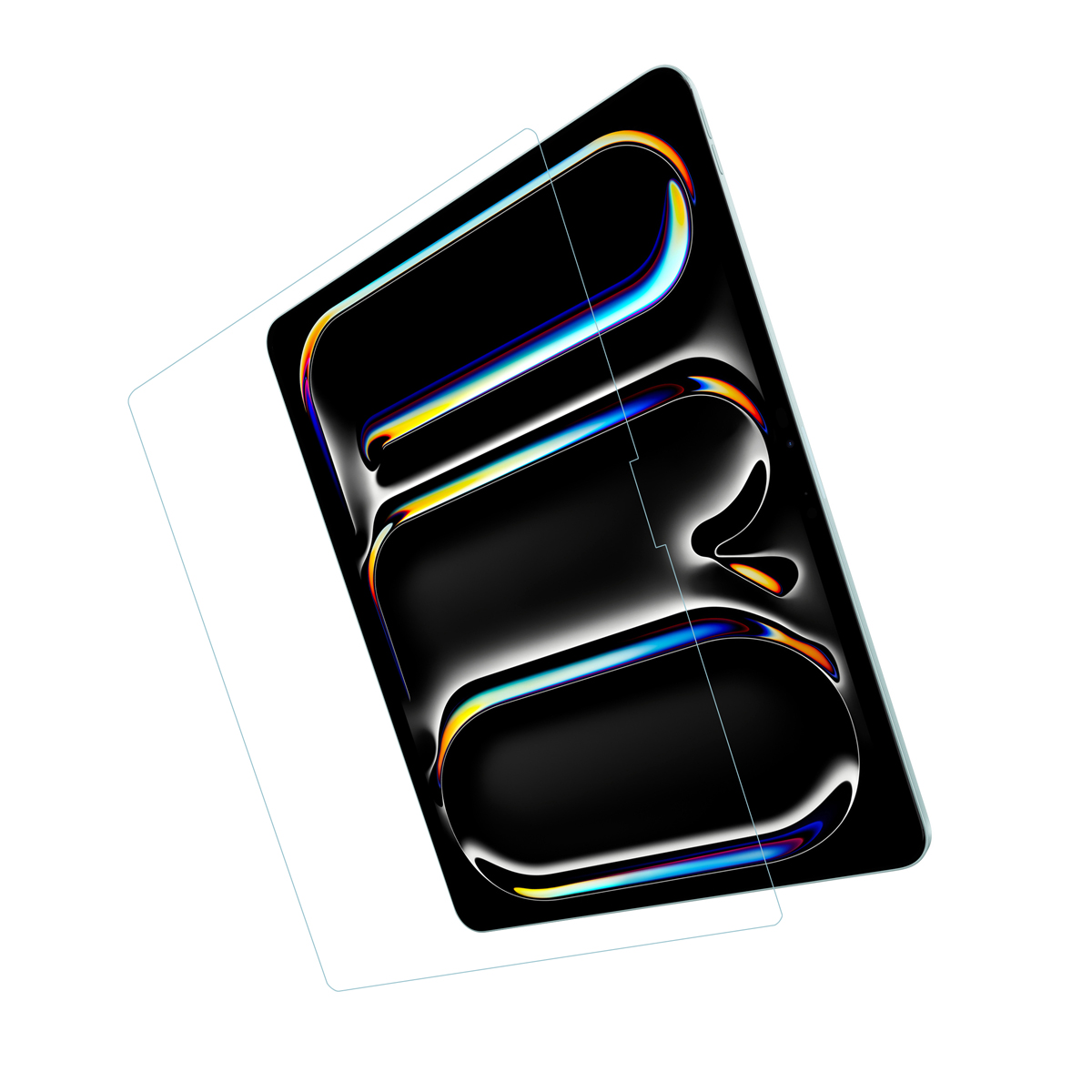 Un tablet con una protezione per lo schermo applicata. Lo schermo mostra forme astratte colorate su sfondo nero.