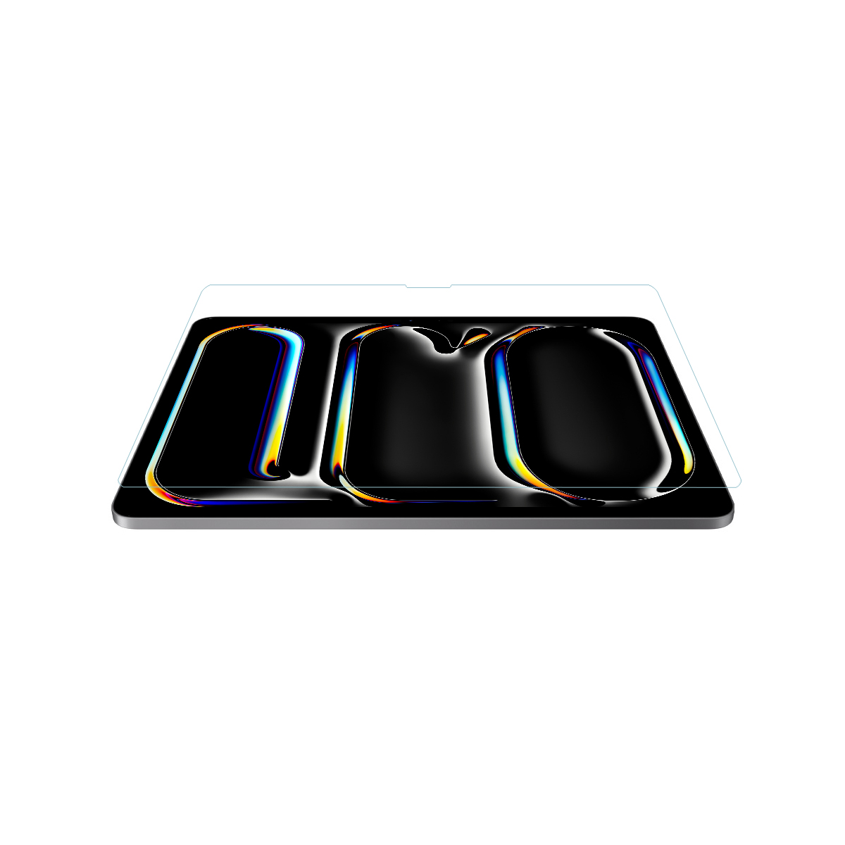 Un tablet con una protezione per lo schermo applicata. Lo schermo mostra forme astratte colorate su sfondo nero.