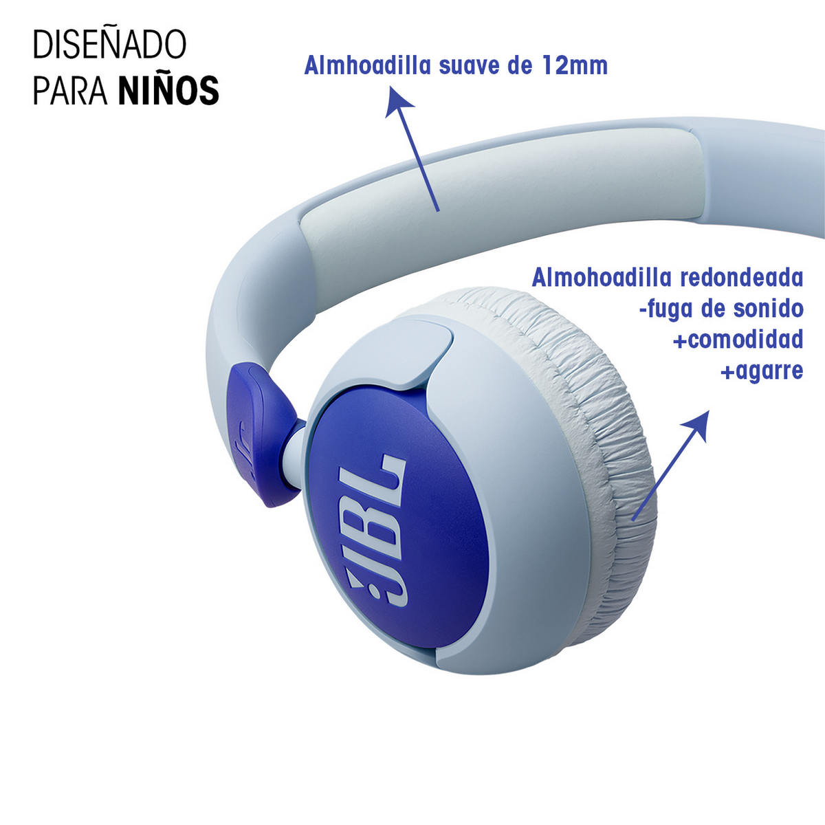 Cuffie JBL blu e bianche. Il testo dice 'Progettato per bambini' e descrive le caratteristiche.