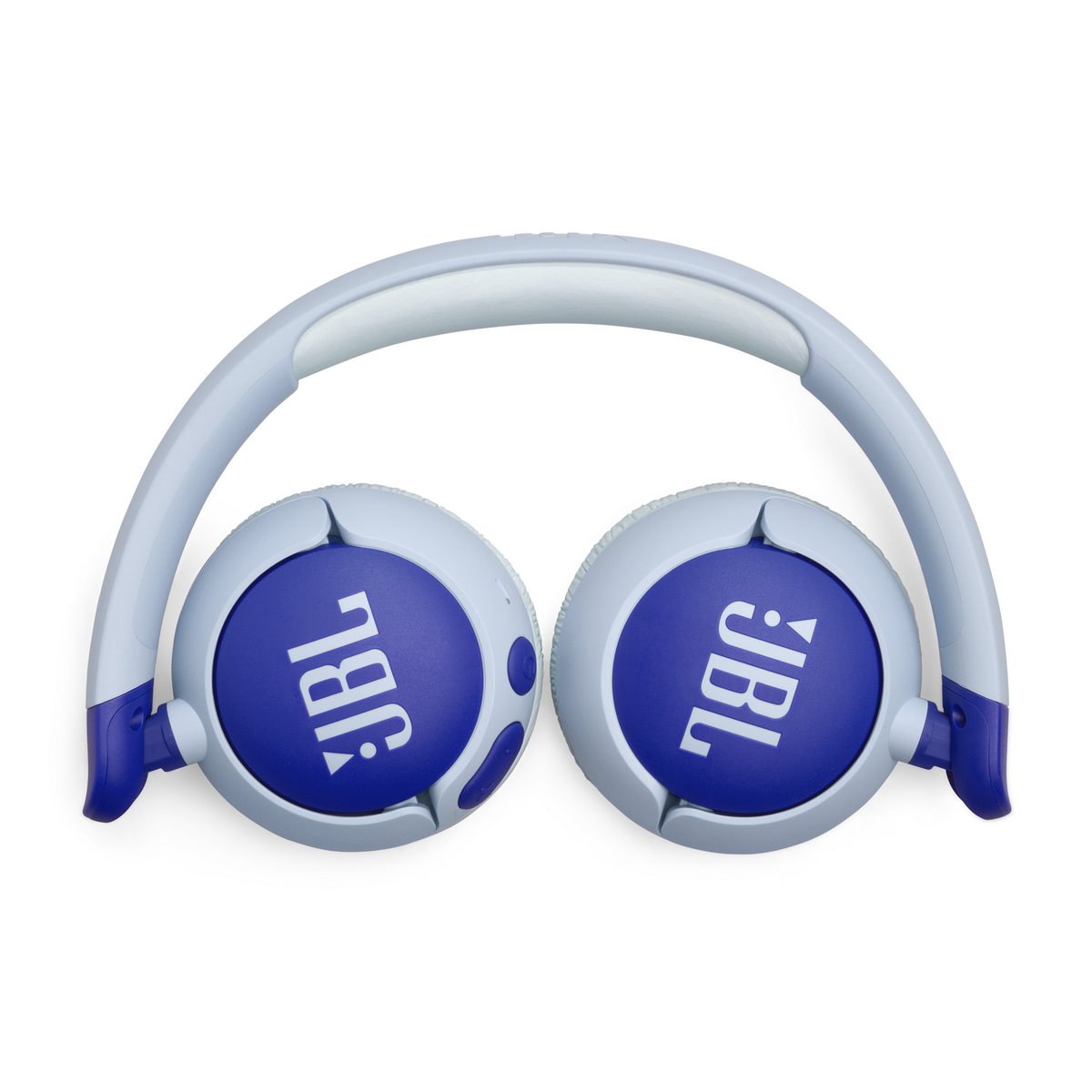 Cuffie bianche e blu, i padiglioni sono blu con loghi JBL bianchi, su sfondo bianco.