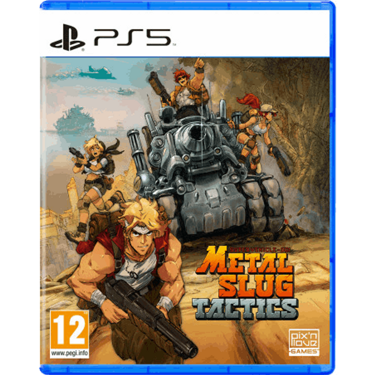 Pudełko gry PS5. Metal Slug Tactics, przedstawia żołnierzy z kreskówek i czołg na polu bitwy.