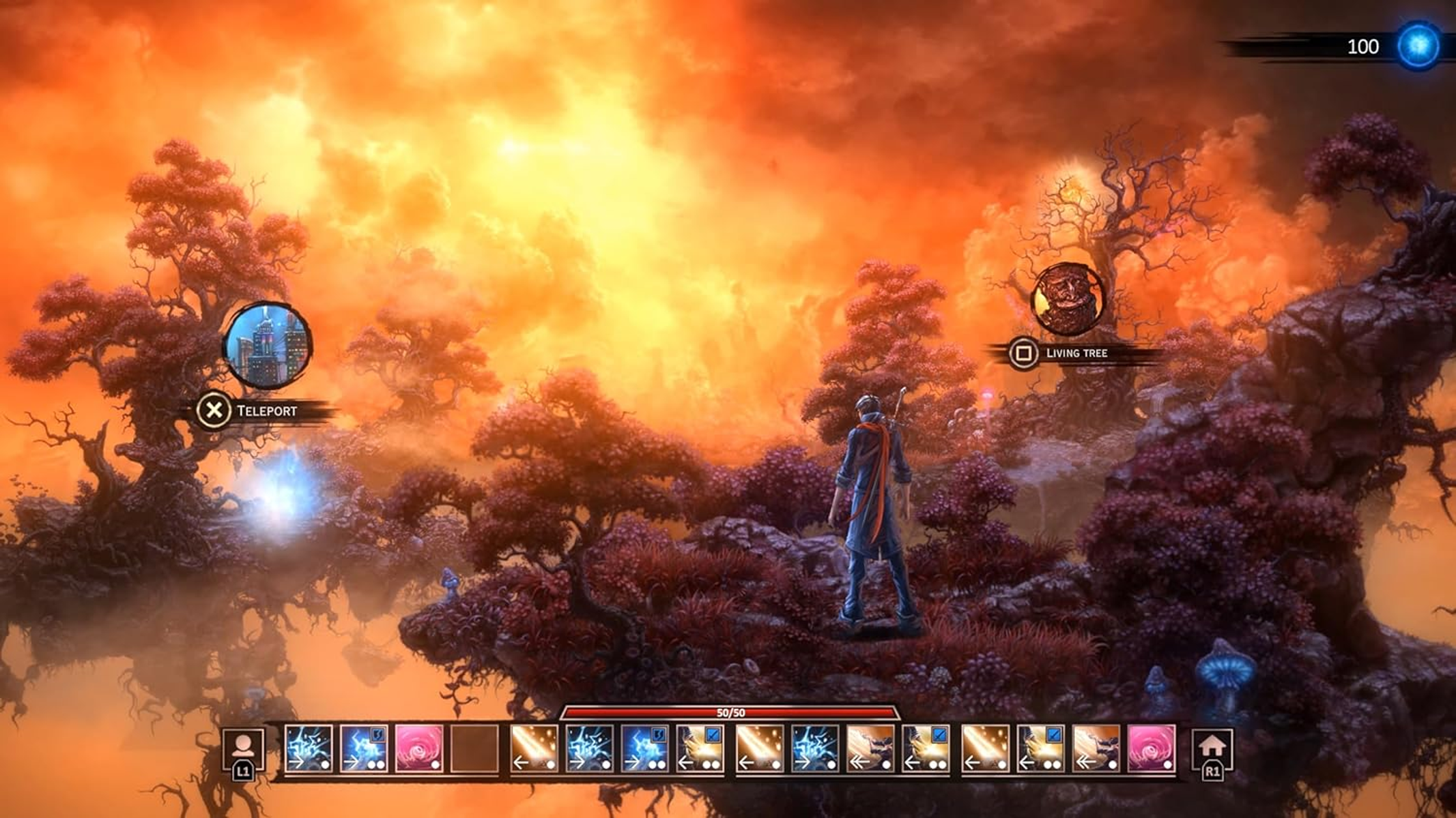 Una escena de juego de fantasía con un personaje de pie en islas flotantes, rodeado de cielos y árboles coloridos.