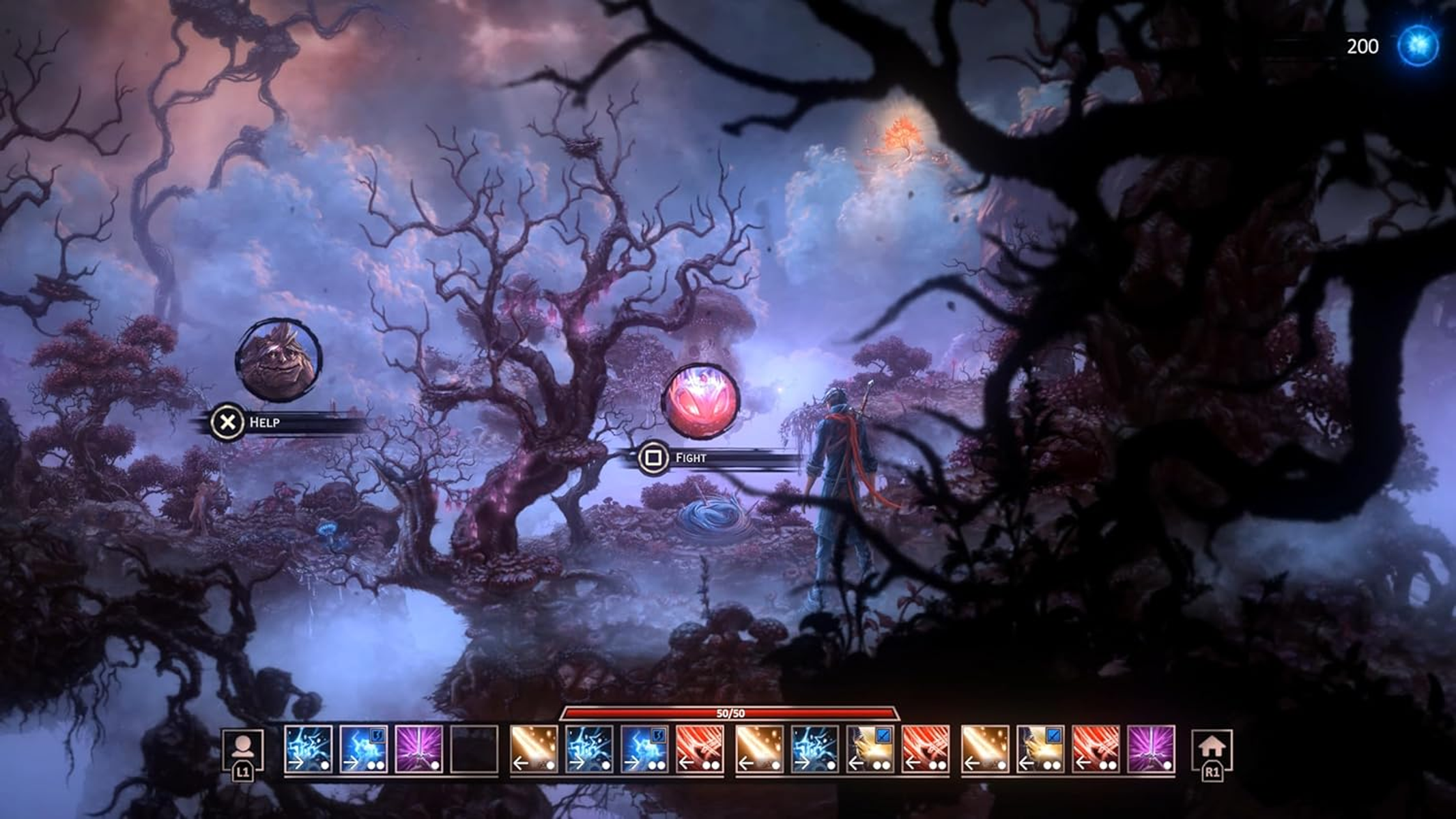 Escena de videojuego. Un personaje se encuentra en un paisaje surrealista con árboles y elementos brillantes.