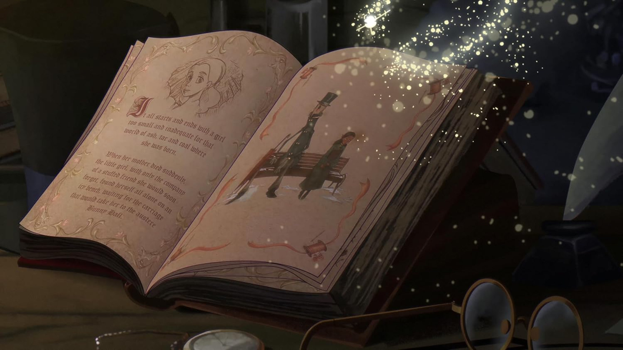 Otwarta książka z ilustracjami. Pokazuje obrazy mężczyzny i kobiety na ławce oraz tekst.