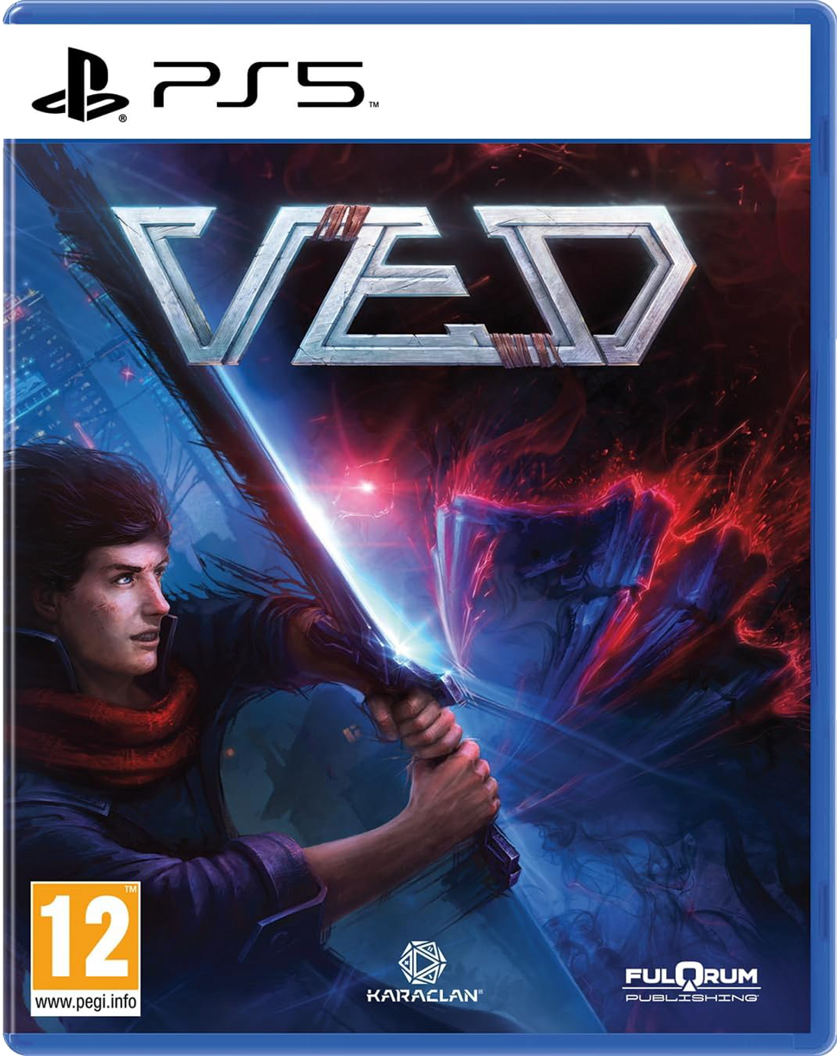Portada del juego VED. Muestra un personaje sosteniendo una espada, con un fondo de fuego.