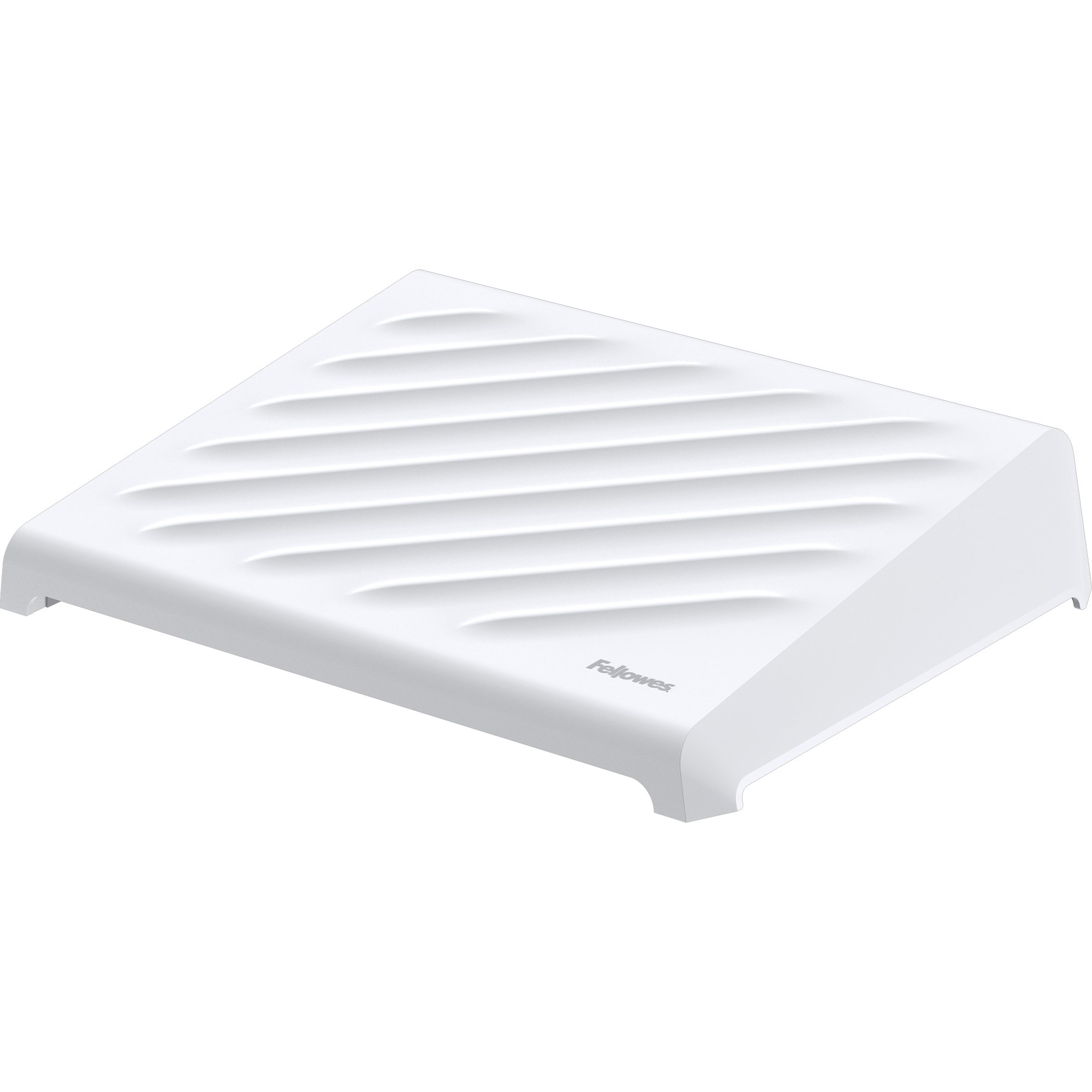 White angled desk accessory with ridged surface and logo.