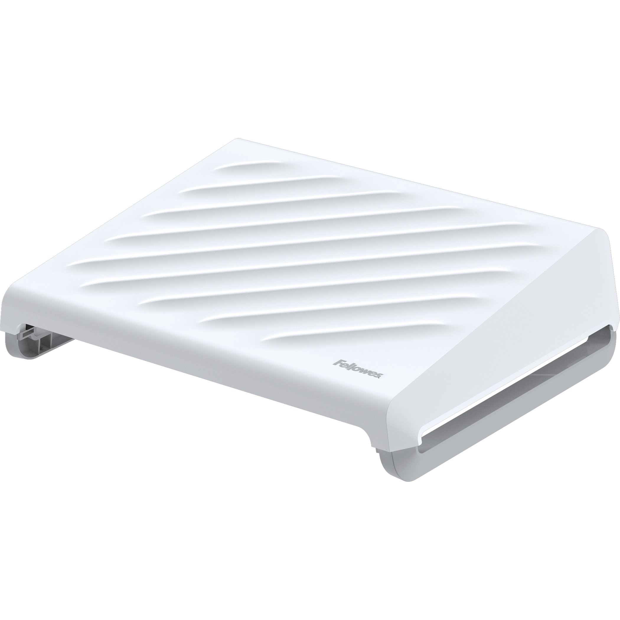 A white footrest with a ridged top and a grey base, with the Fellowes logo.