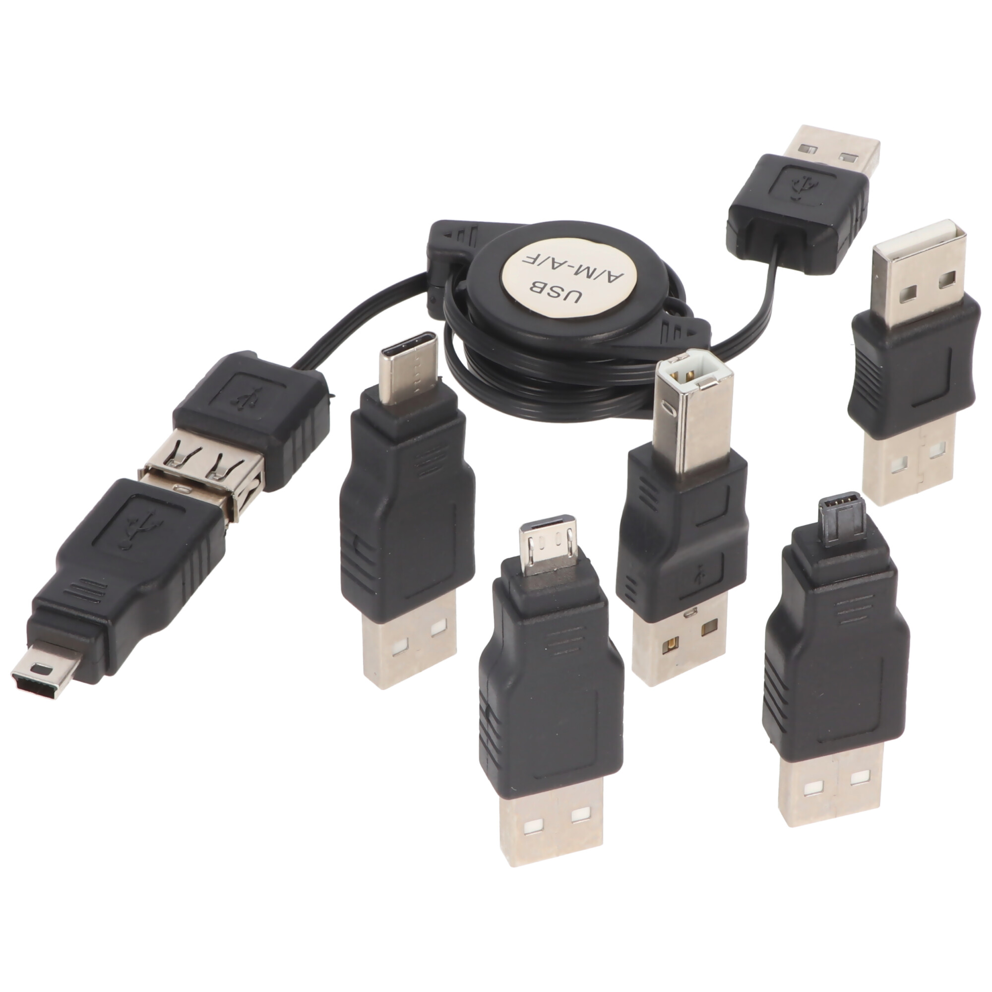 Een USB-kabel met meerdere connectoren, waaronder USB-A, USB-C en micro-USB. De kabel is zwart.