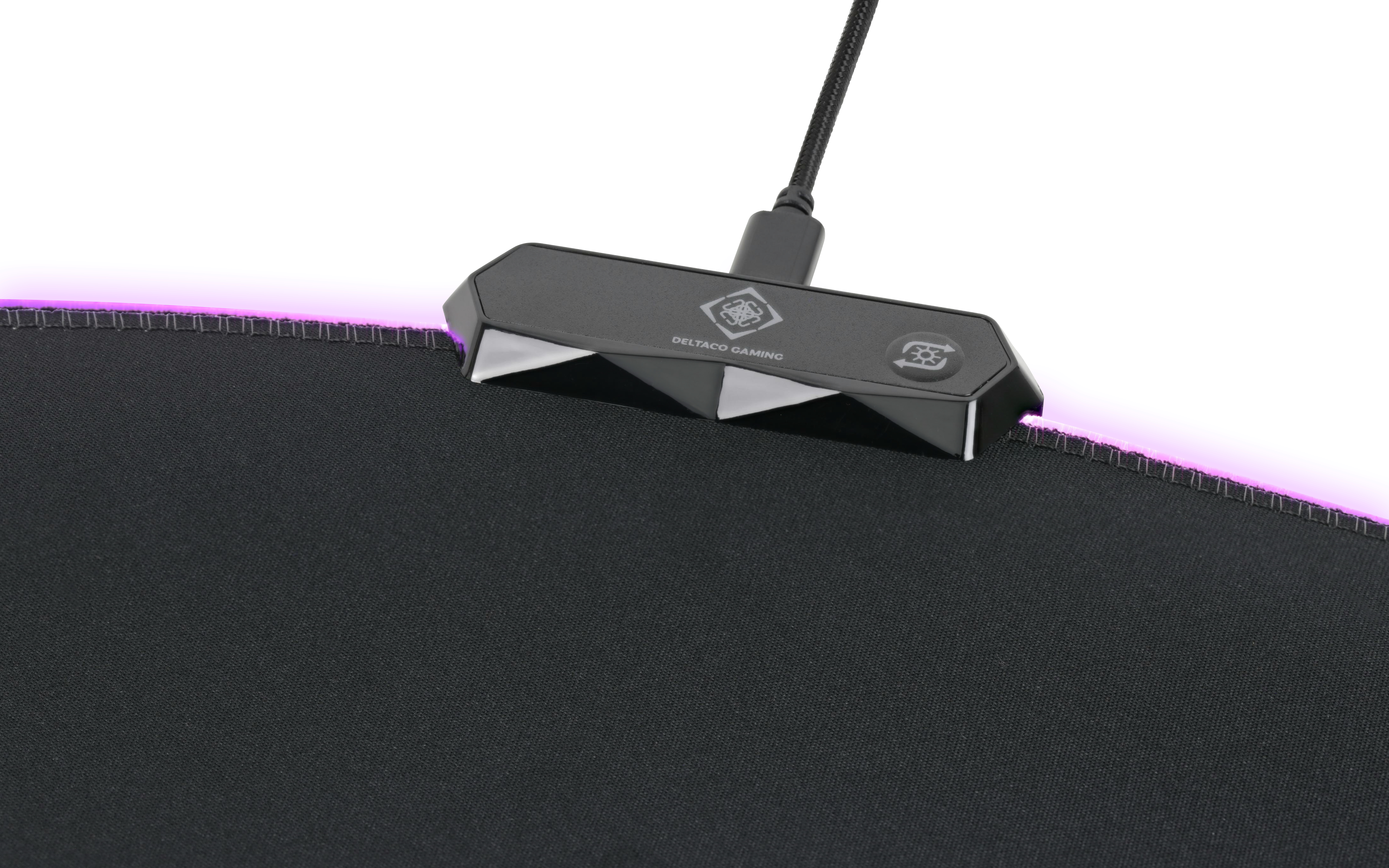 Black gaming mousepad with a connected device at the top with purple lighting.