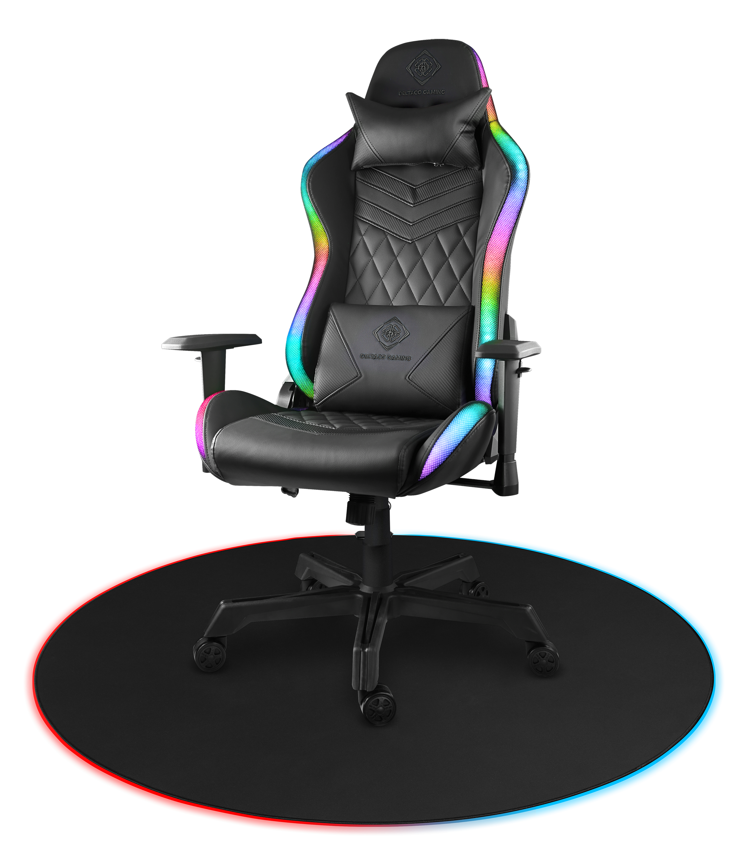 Black gaming chair with RGB lights, on a black mat with red and blue edges. The chair has a pillow.