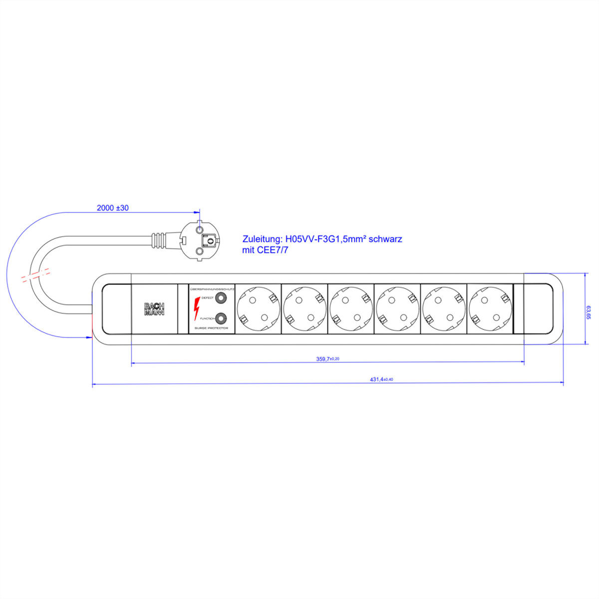Schemat listwy zasilającej z wymiarami i etykietami tekstowymi, z podłączonym przewodem zasilającym.
