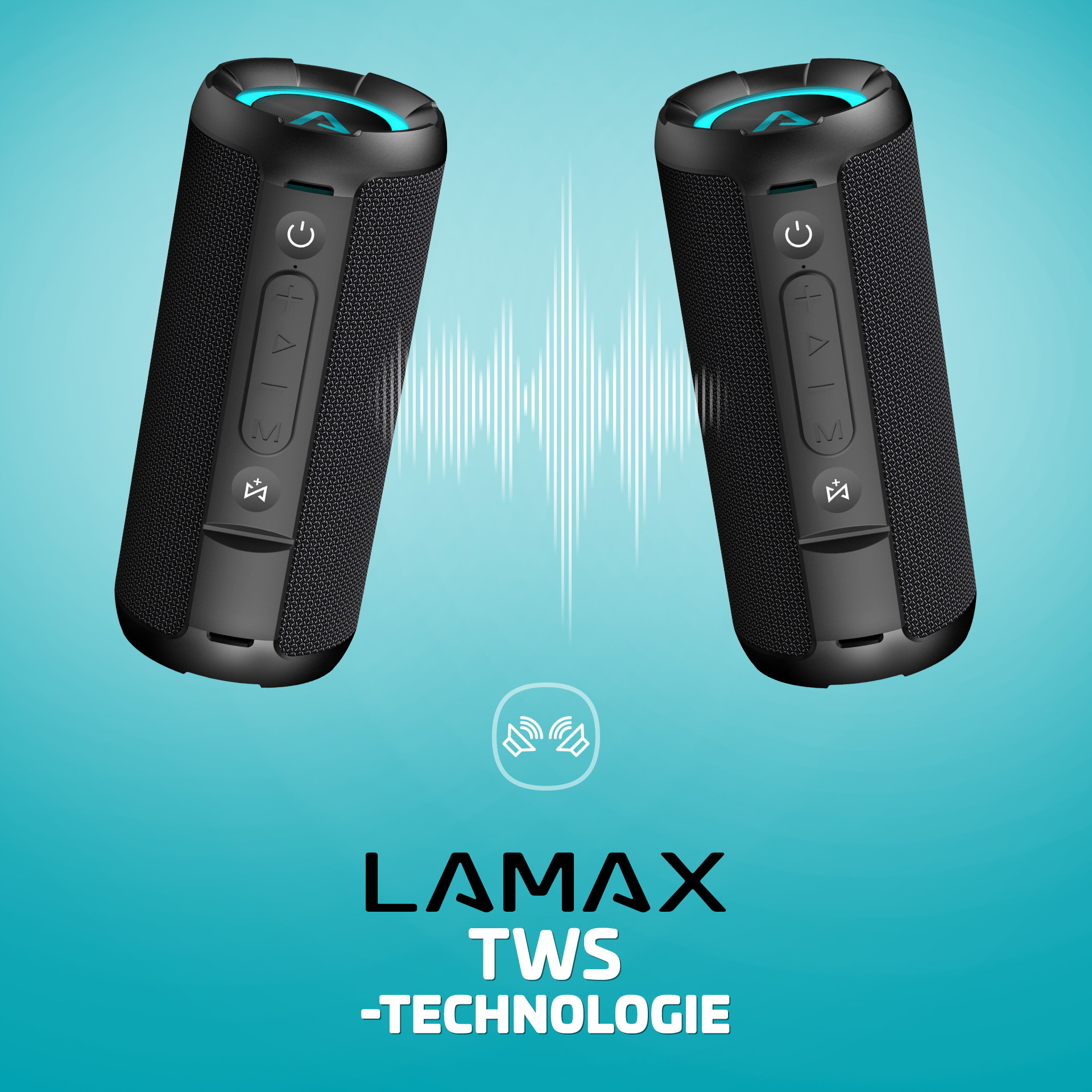 Due altoparlanti Bluetooth Lamax neri con una grafica a onde sonore su sfondo blu.