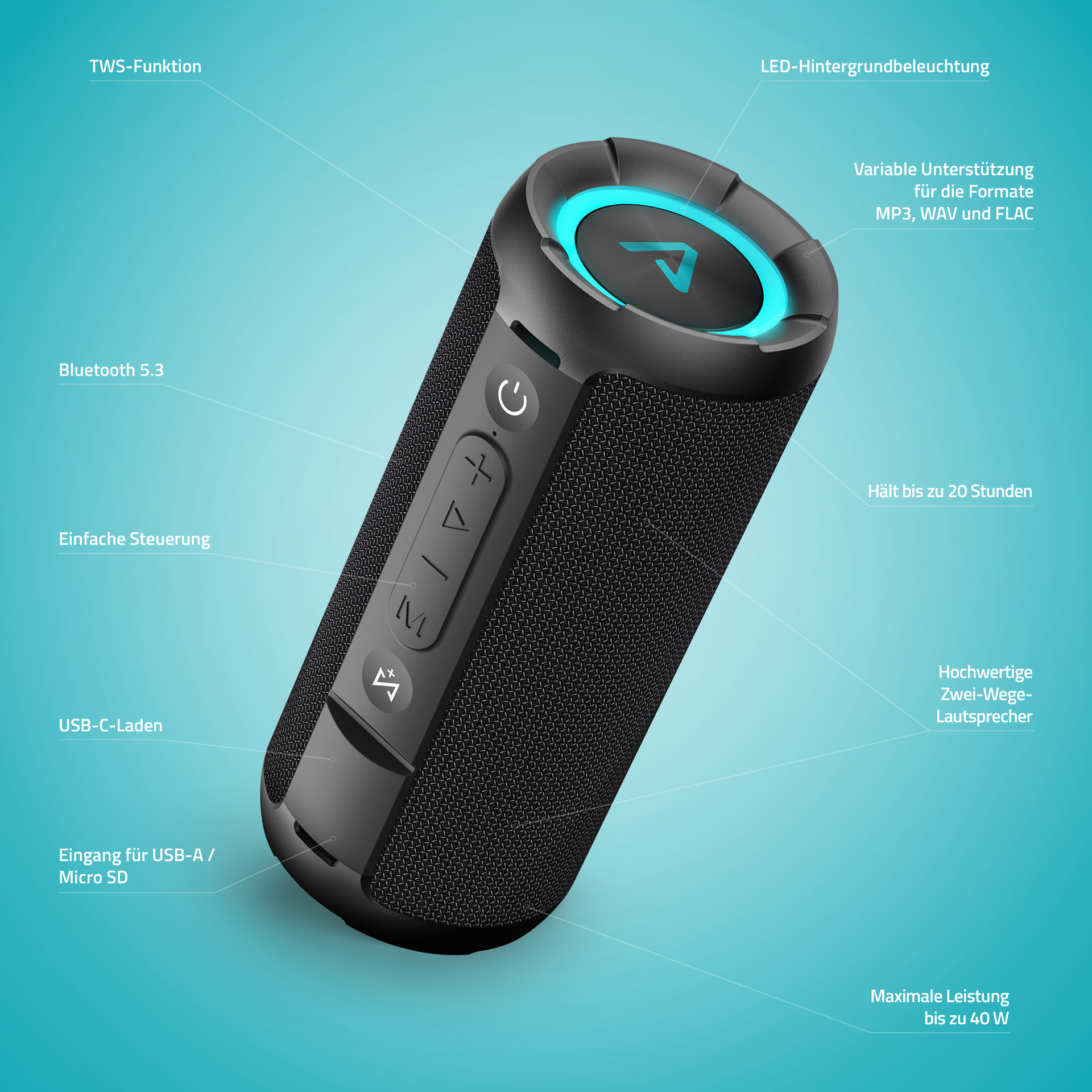 Un altoparlante cilindrico nero con luce blu, pulsanti e specifiche. Ha una porta USB-C e uno slot Micro SD.