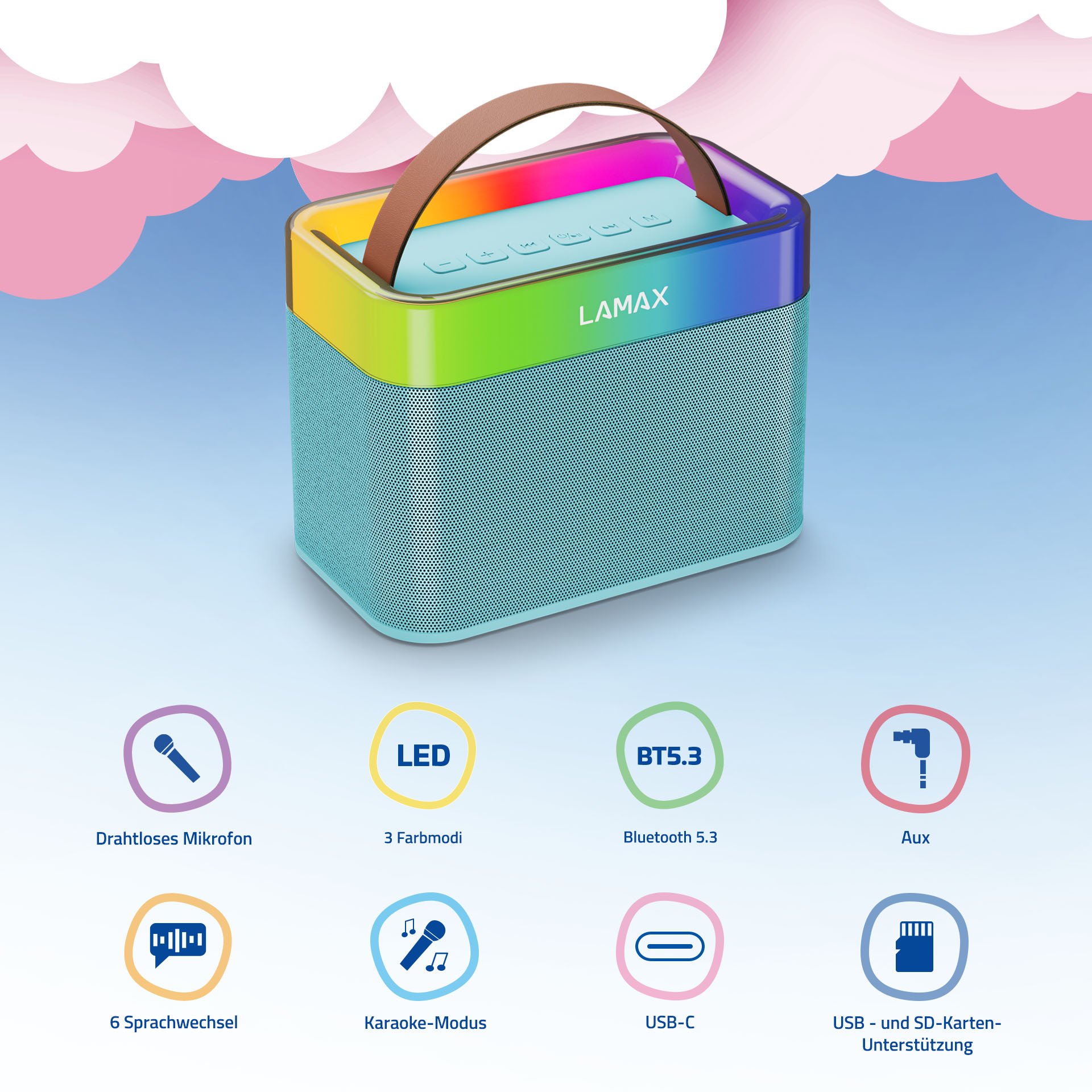 Altoparlante blu con accenti arcobaleno, maniglia e icone di varie funzioni.