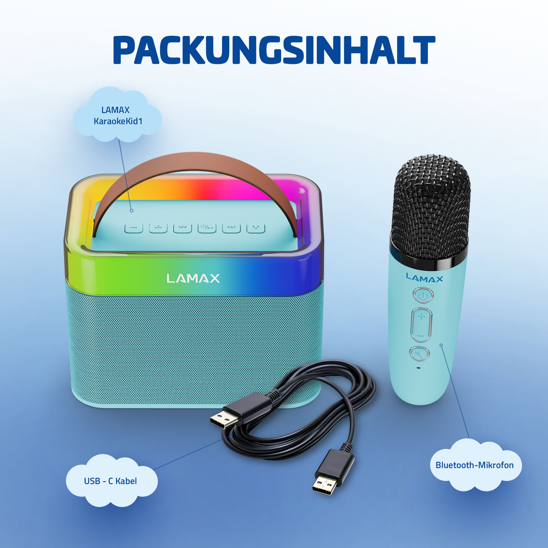 Un set karaoke con altoparlante, microfono e cavo USB, tutto in blu e arcobaleno.