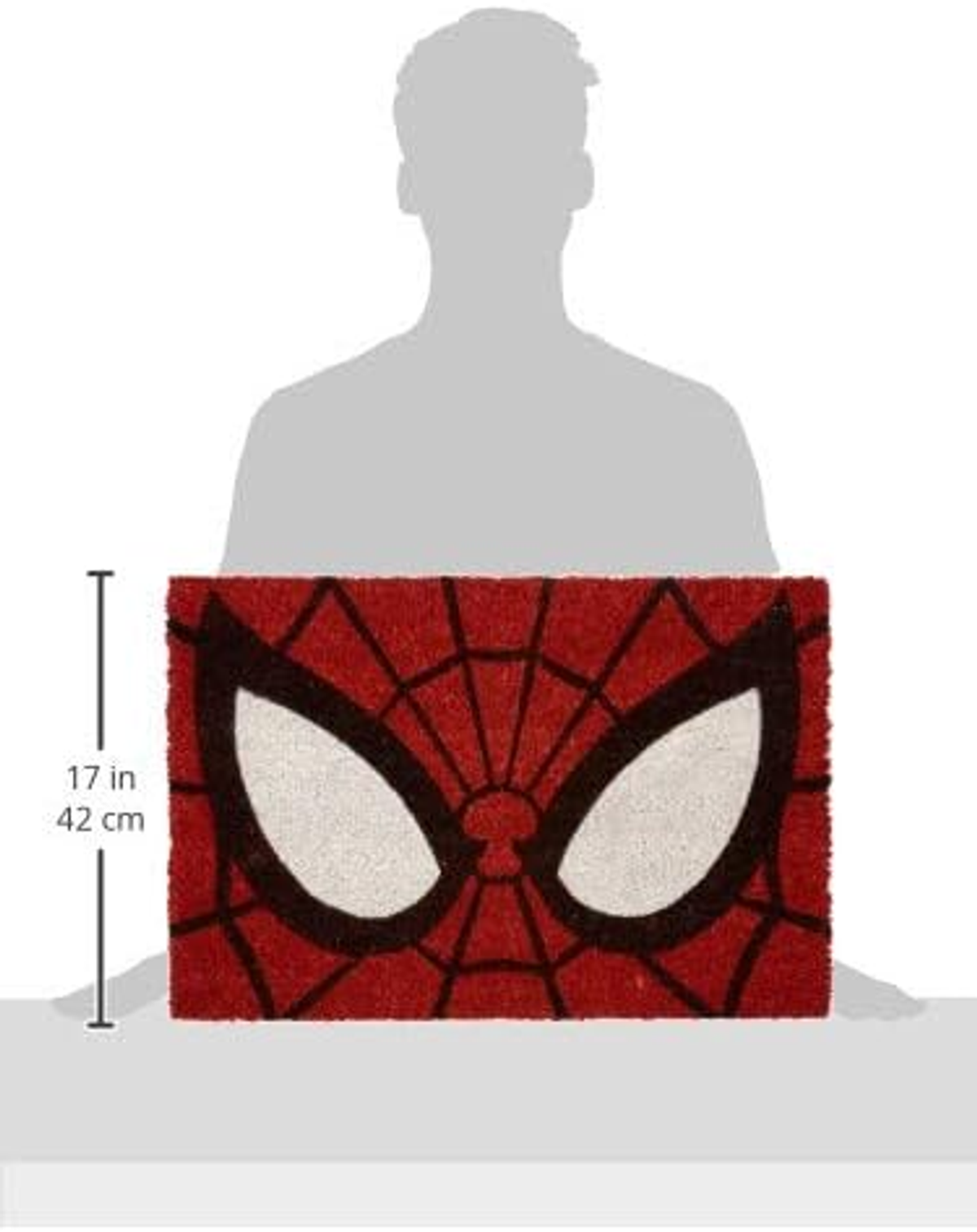 Felpudo de Spider-Man con el diseño de la máscara del personaje, fondo rojo y dimensiones mostradas con una persona.