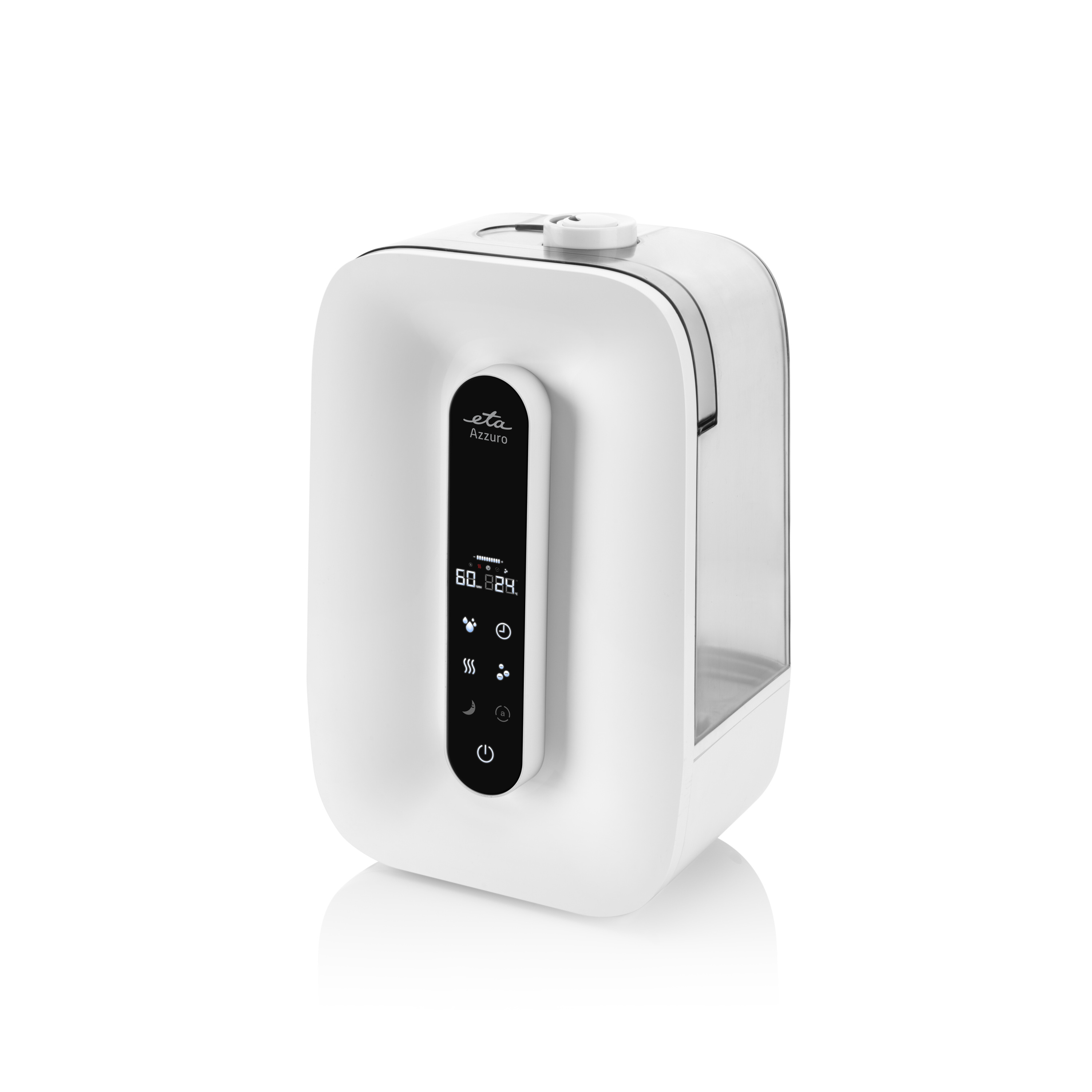 Un umidificatore bianco con display digitale e comandi touch. Ha un serbatoio dell'acqua trasparente.