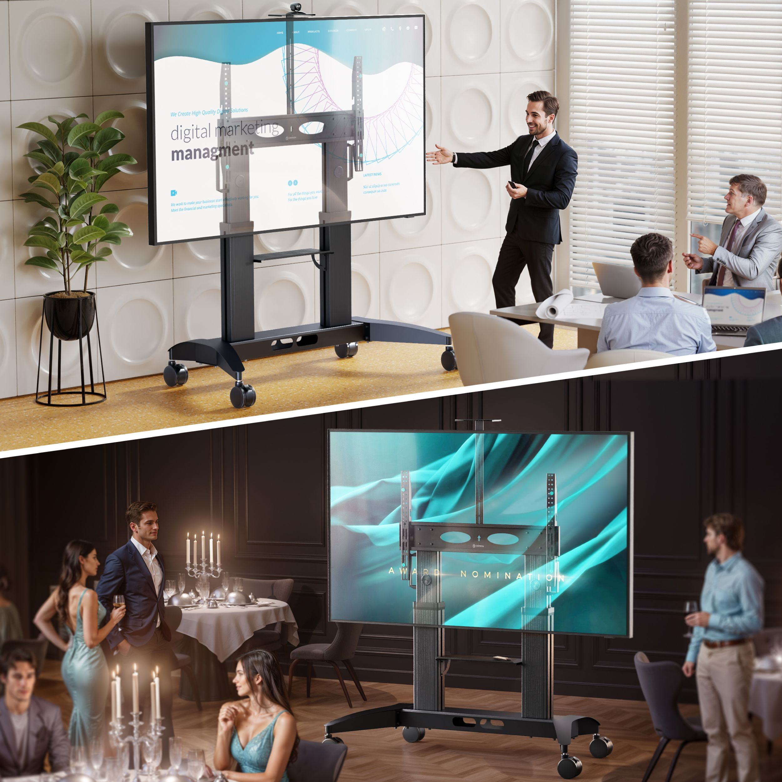 Obraz dwupanelowy. Jeden pokazuje prezentację marketingu cyfrowego. Drugi pokazuje spotkanie z dwoma mężczyznami.