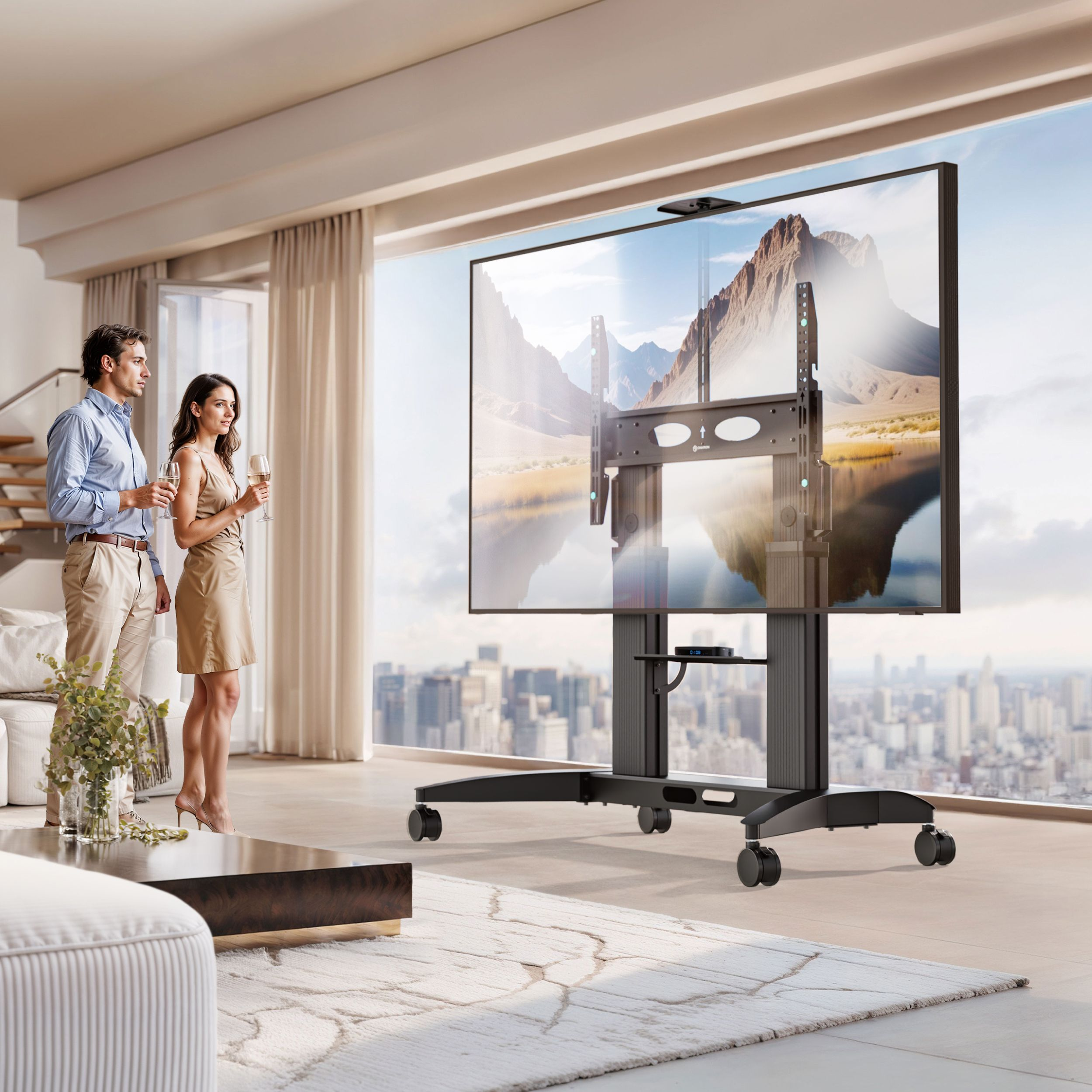 Para patrząca na duży telewizor na stojaku. Widok na miasto przez okno. Jasny, nowoczesny salon.