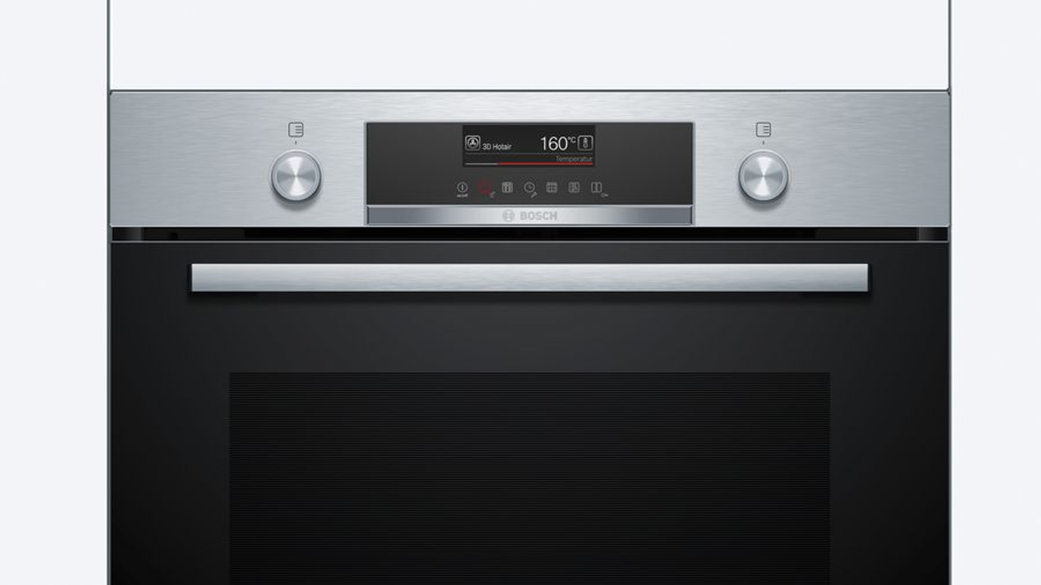 Un horno con frente de acero inoxidable e interior negro, los controles están en la parte superior.