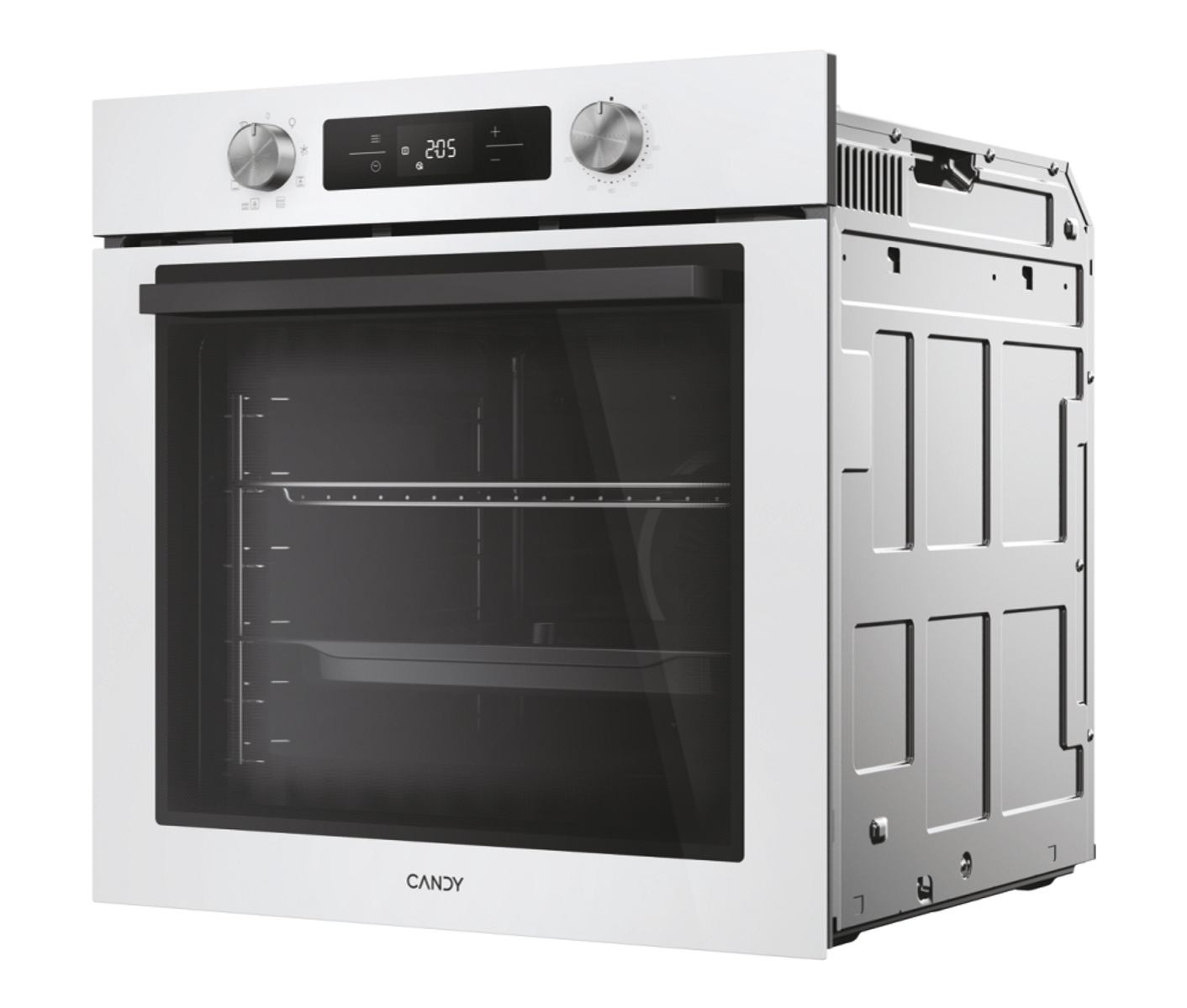 Un forno bianco con la porta aperta che mostra l'interno.