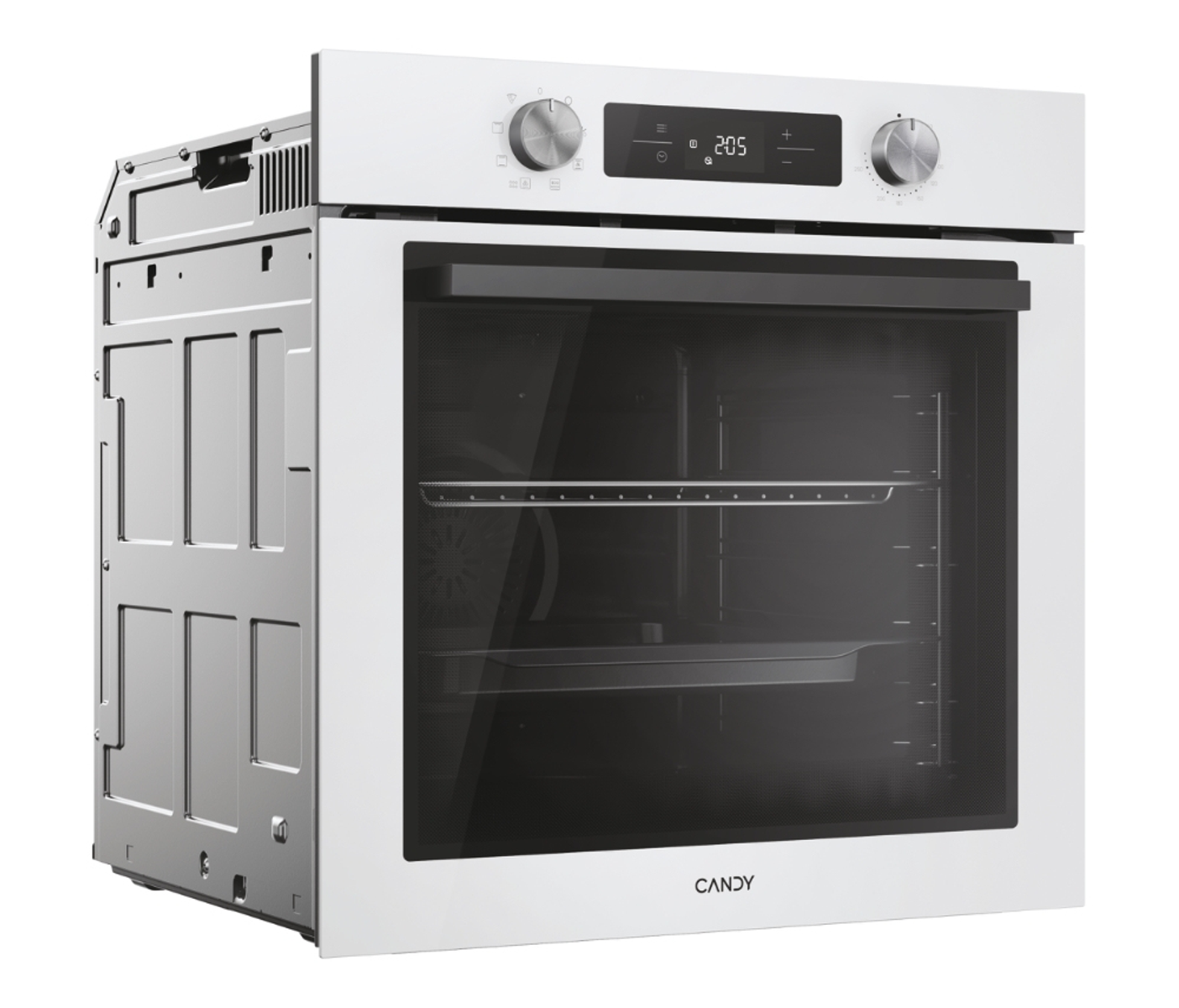 Forno Candy bianco con display digitale, porta aperta e interno.