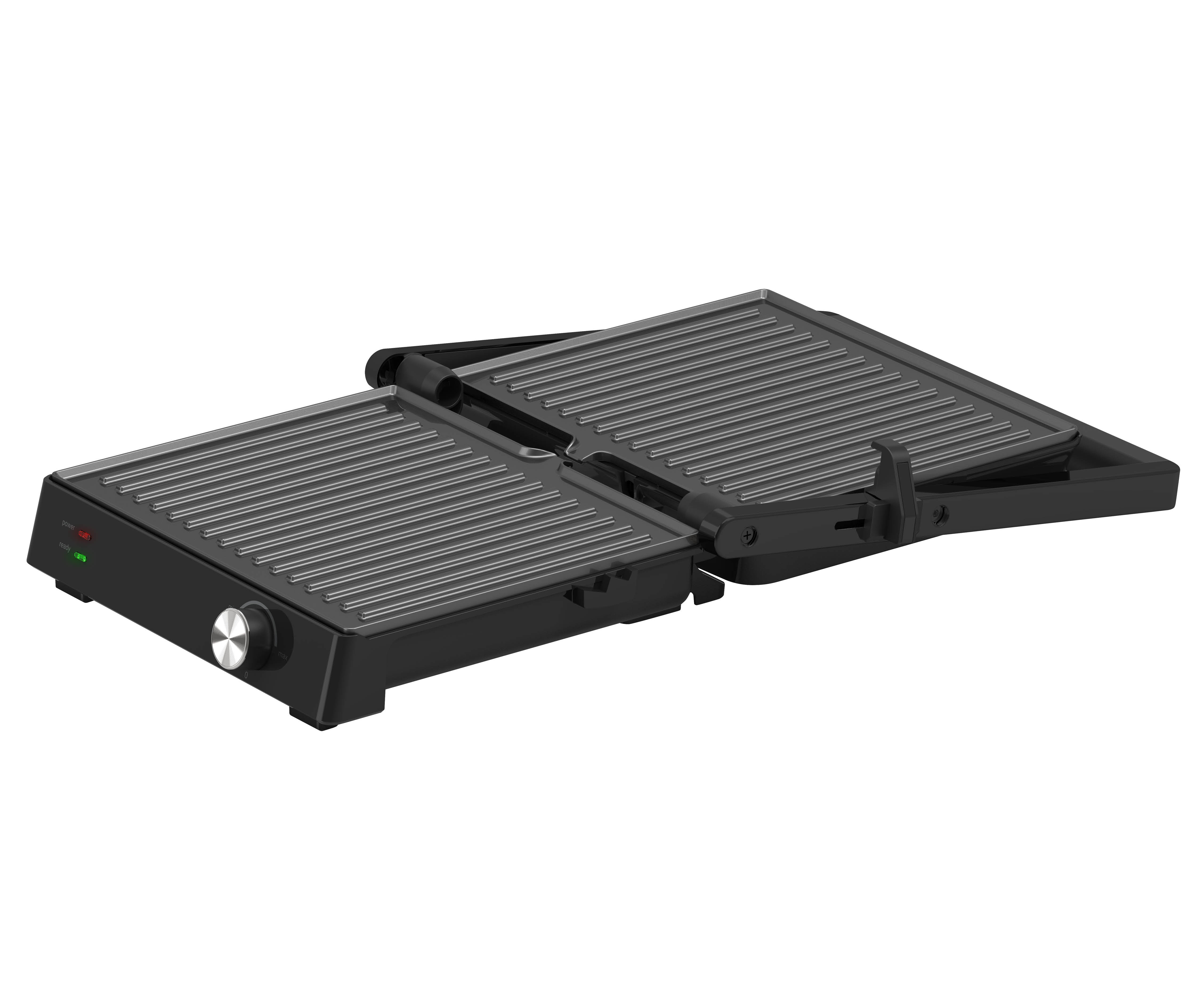 Open black panini grill with ridged cooking surfaces, with power and temperature controls.