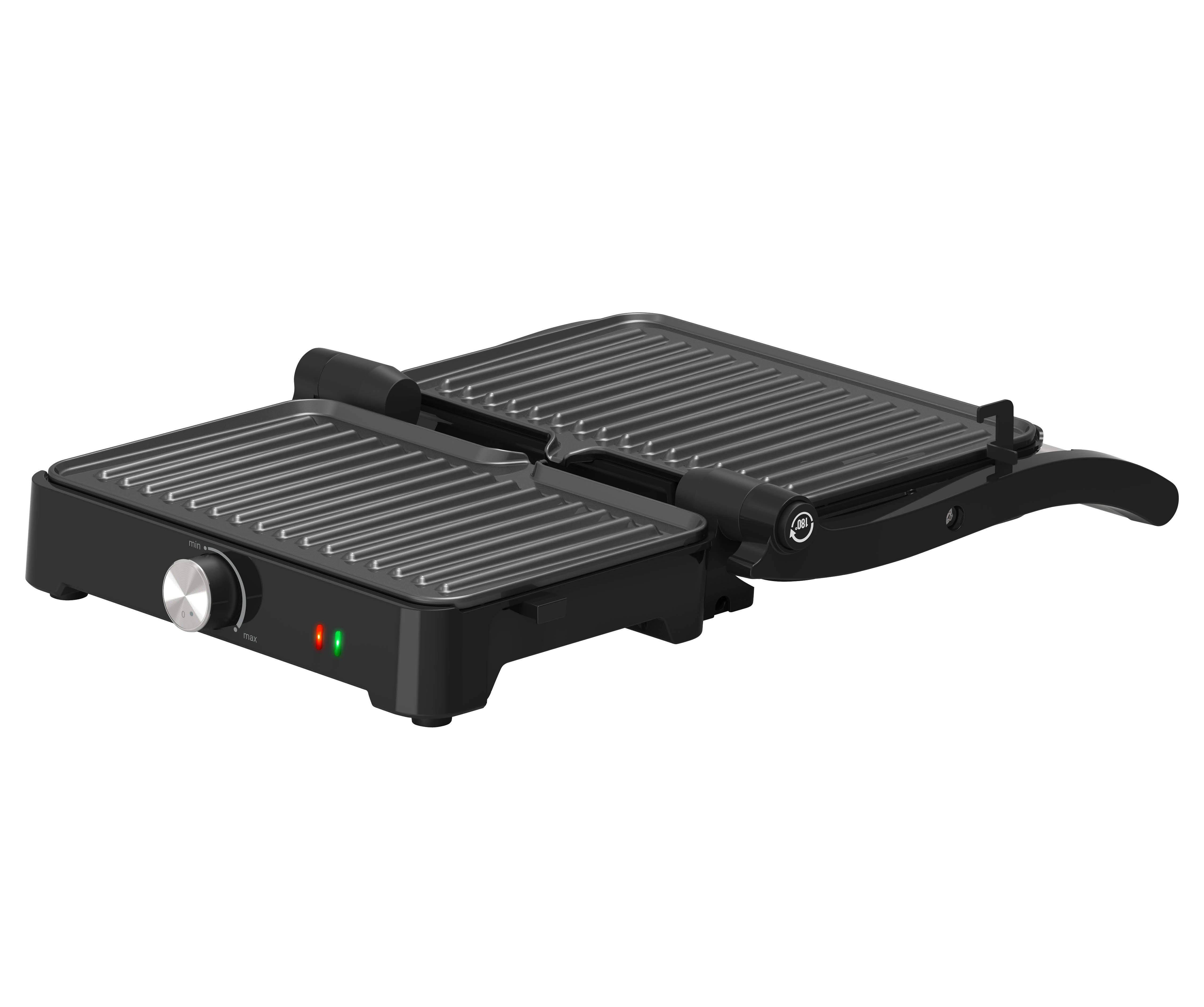 Black electric grill with two open griddle plates, a dial, and lights. The grill is on a white background.