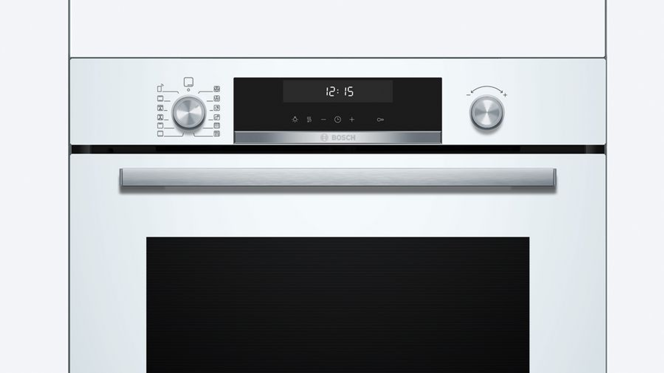 Primer plano del panel de control de un horno blanco con pantalla digital.