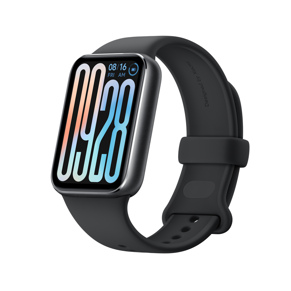 Smartwatch negra con pantalla rectangular. Muestra la hora y la fecha. Correa negra.