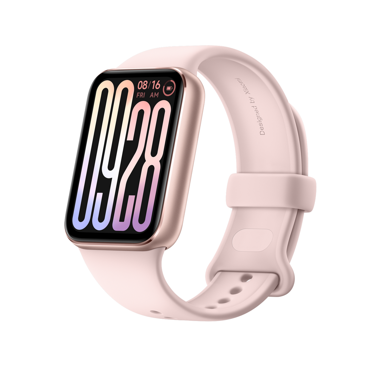 Różowy smartwatch z prostokątnym wyświetlaczem. Ekran pokazuje godzinę i datę.